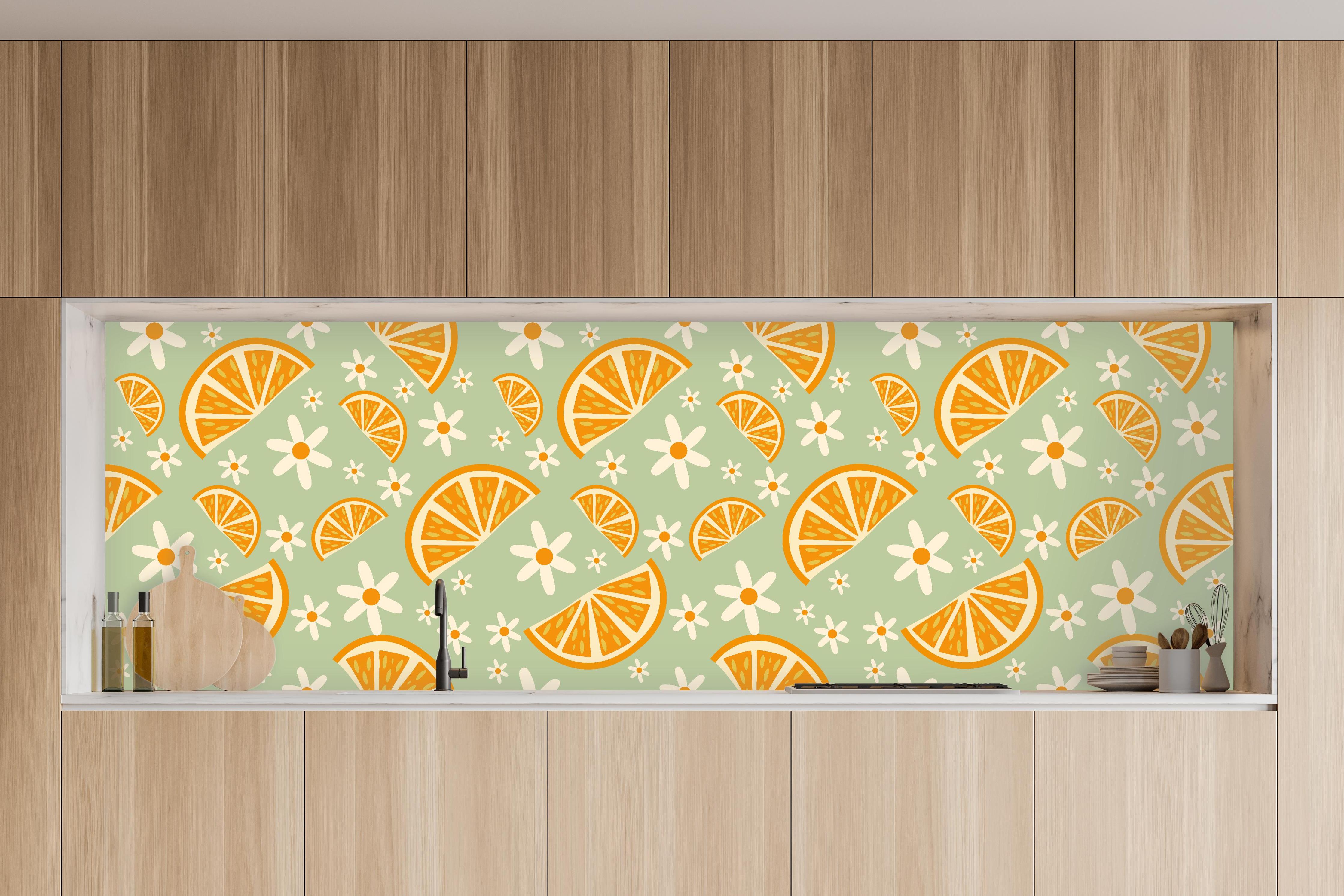 Küche - Citrus-Orangenmuster in Mint in charakteristischer Vollholz-Küche mit modernem Gasherd