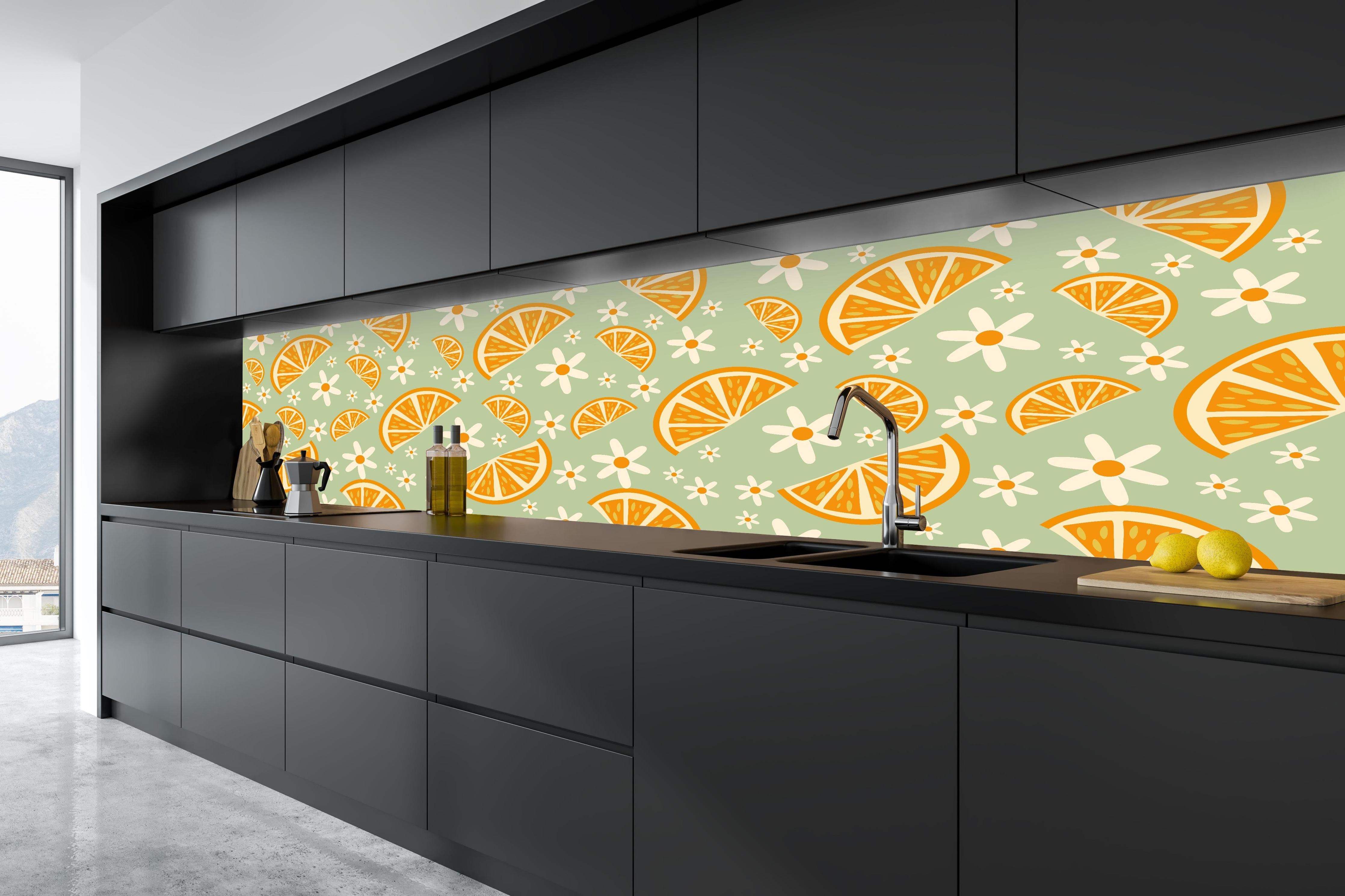 Küche - Citrus-Orangenmuster in Mint in tiefschwarzer matt-premium Einbauküche