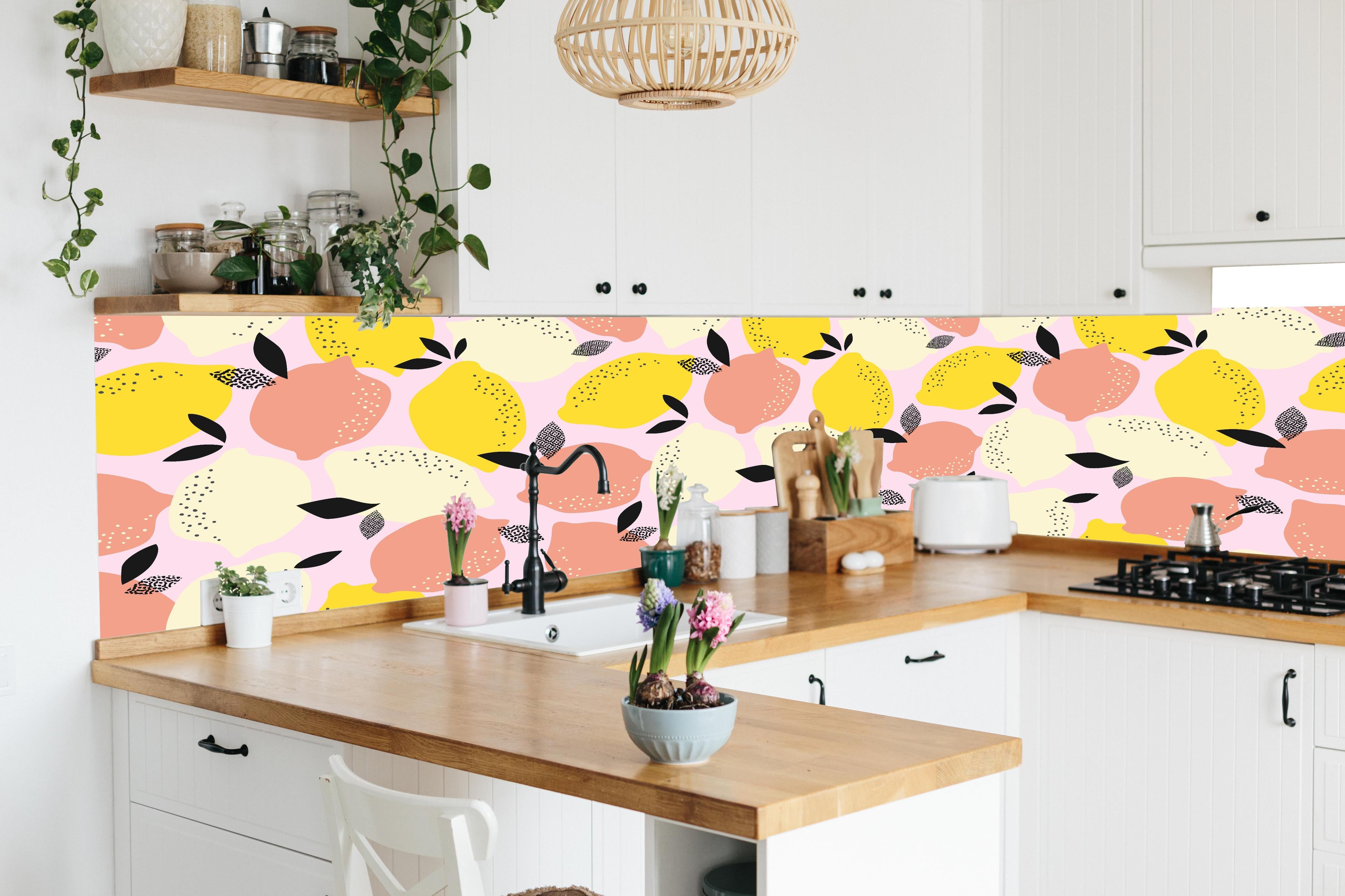 Küche - Citrus-Zitronen Pastellmuster in lebendiger Küche mit bunten Blumen