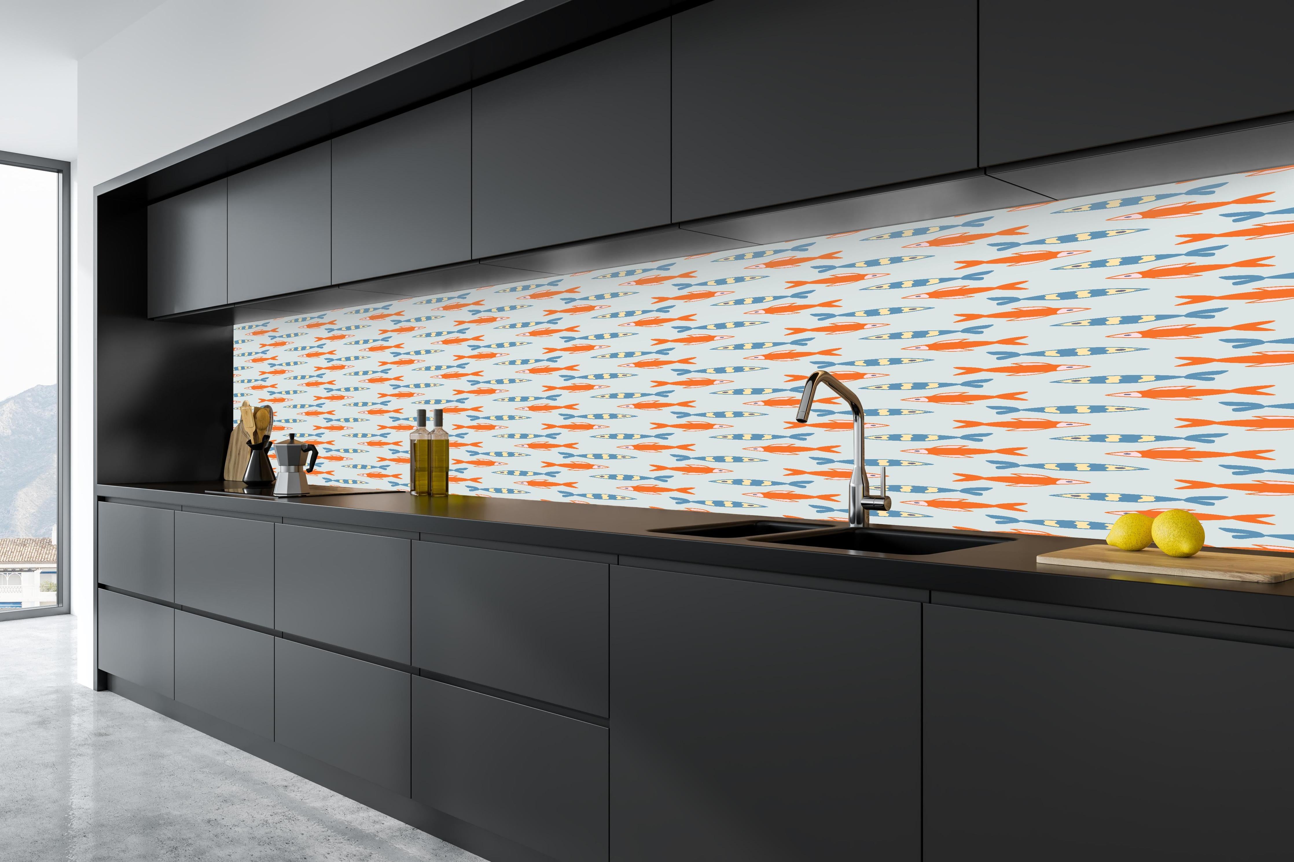 Küche - Fischmuster Orange-Blau in tiefschwarzer matt-premium Einbauküche