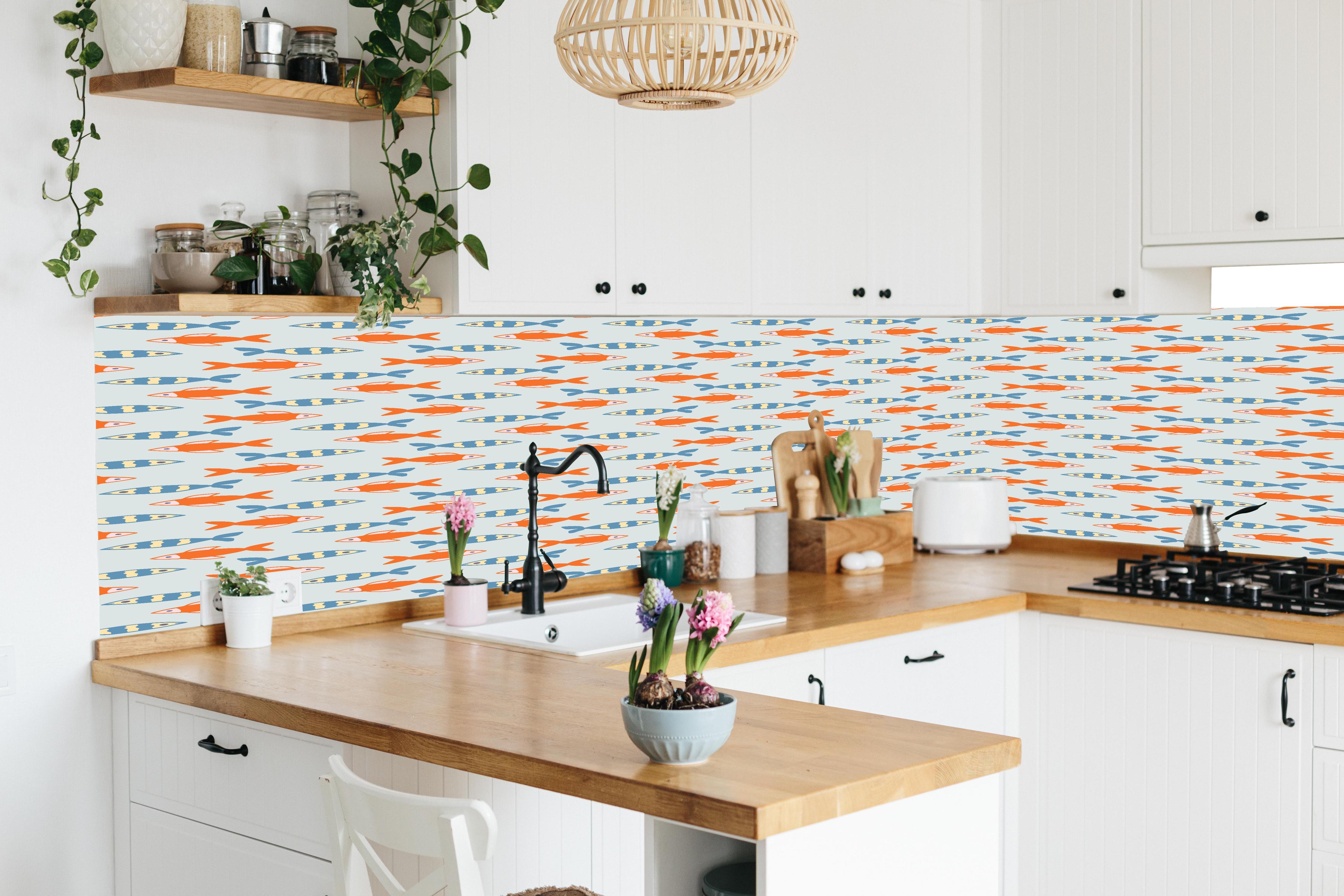 Küche - Fischmuster Orange-Blau in lebendiger Küche mit bunten Blumen