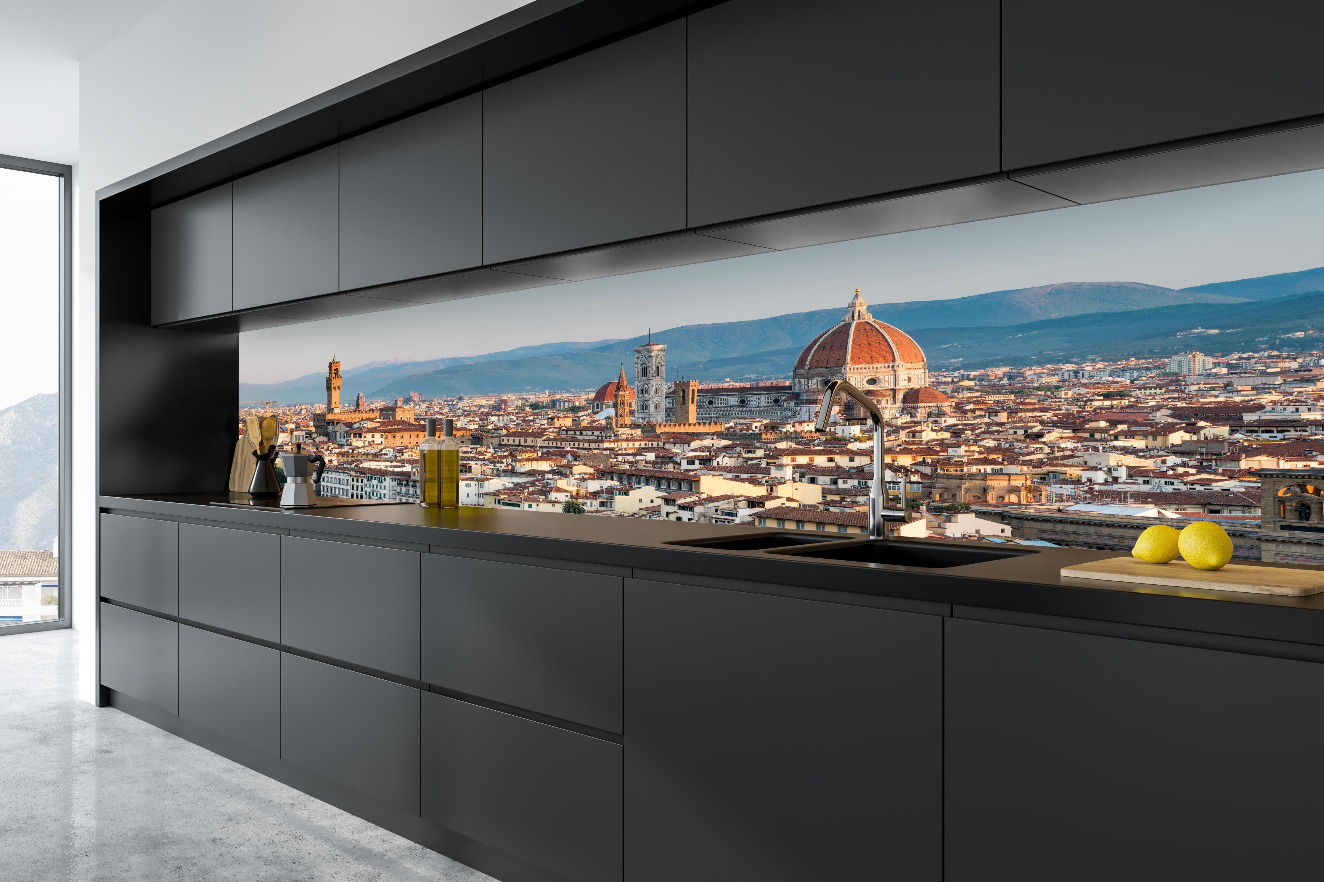 Küche - Florenz Skyline Blau-Beige in tiefschwarzer matt-premium Einbauküche