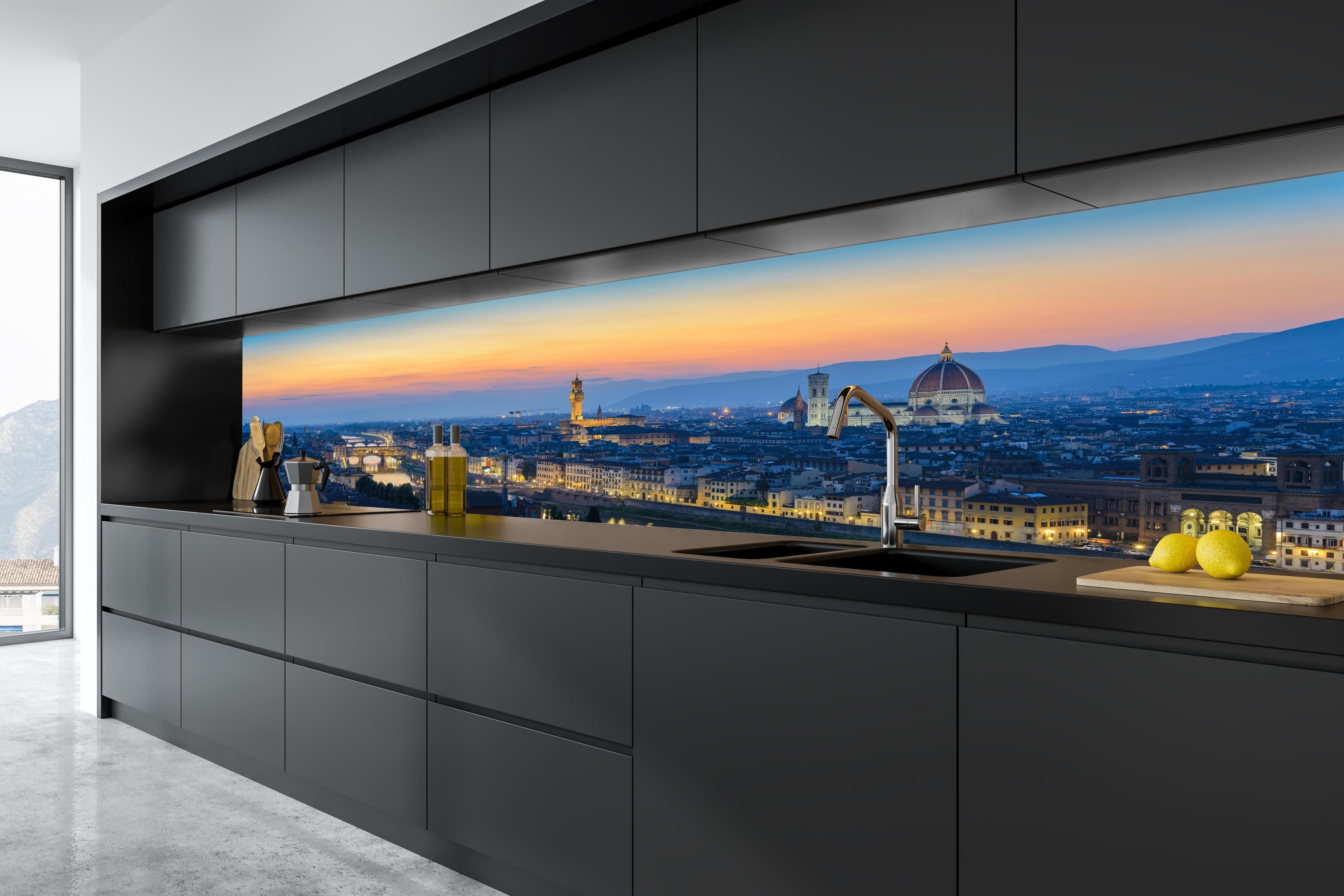 Küche - Florenz Skyline im Sonnenuntergang in tiefschwarzer matt-premium Einbauküche