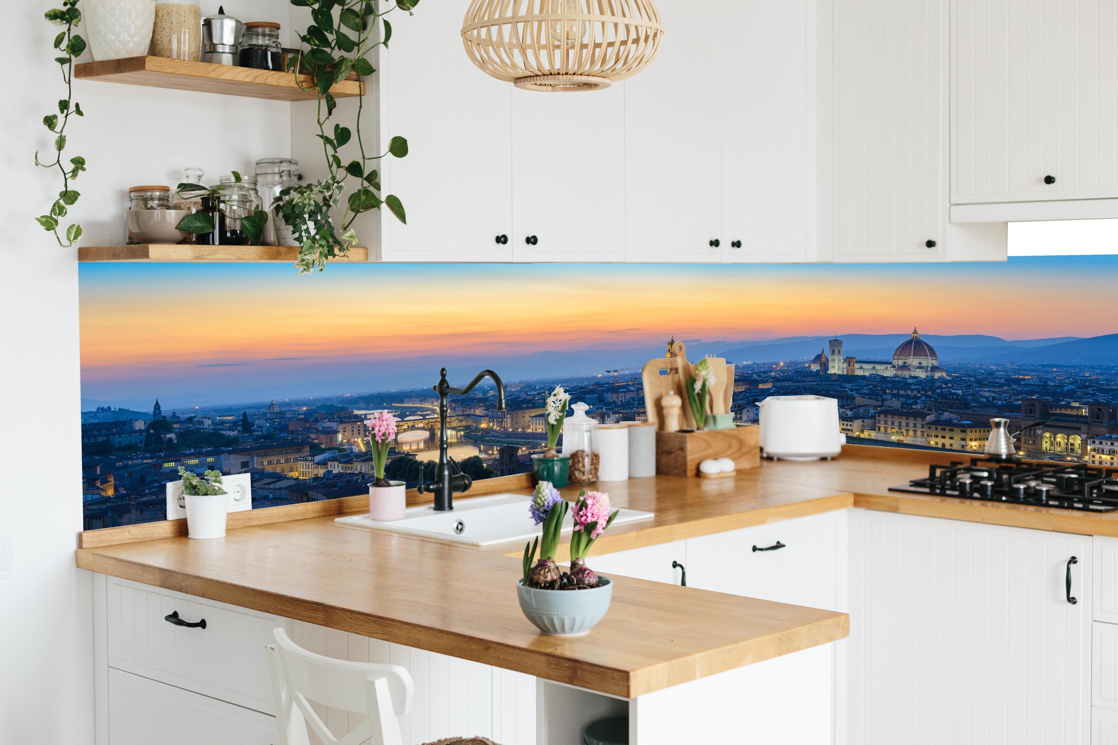 Küche - Florenz Skyline im Sonnenuntergang in lebendiger Küche mit bunten Blumen
