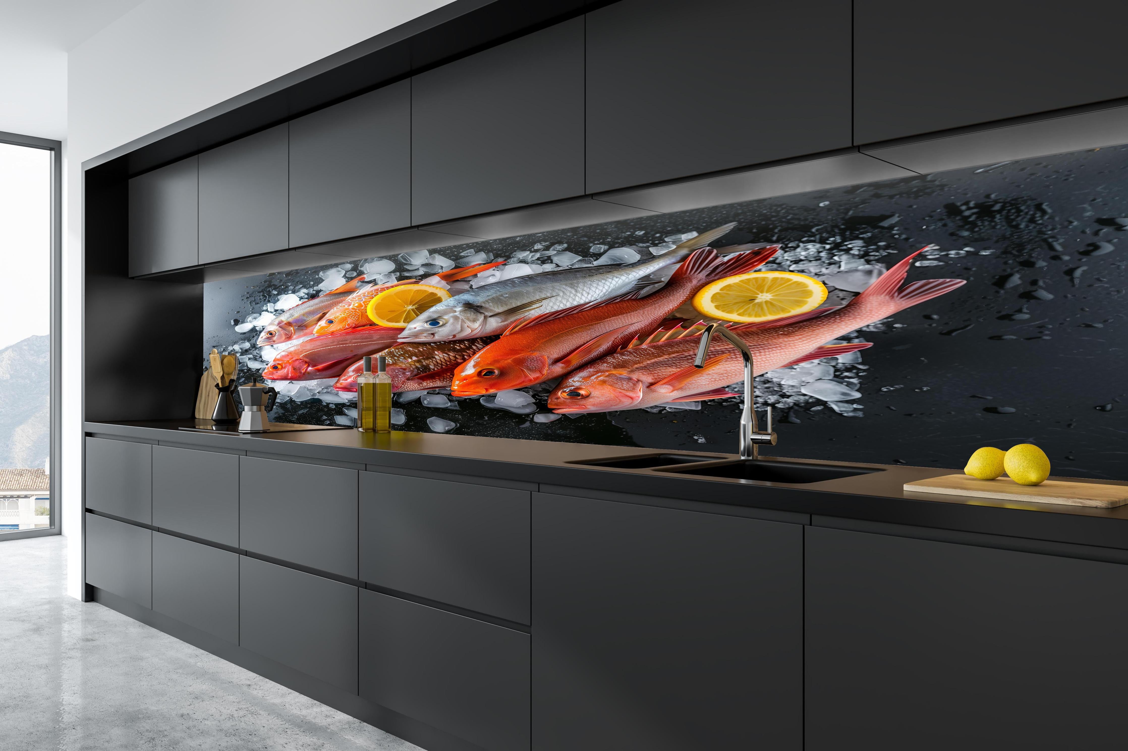 Küche - Frische Meeresfische auf Eis in tiefschwarzer matt-premium Einbauküche