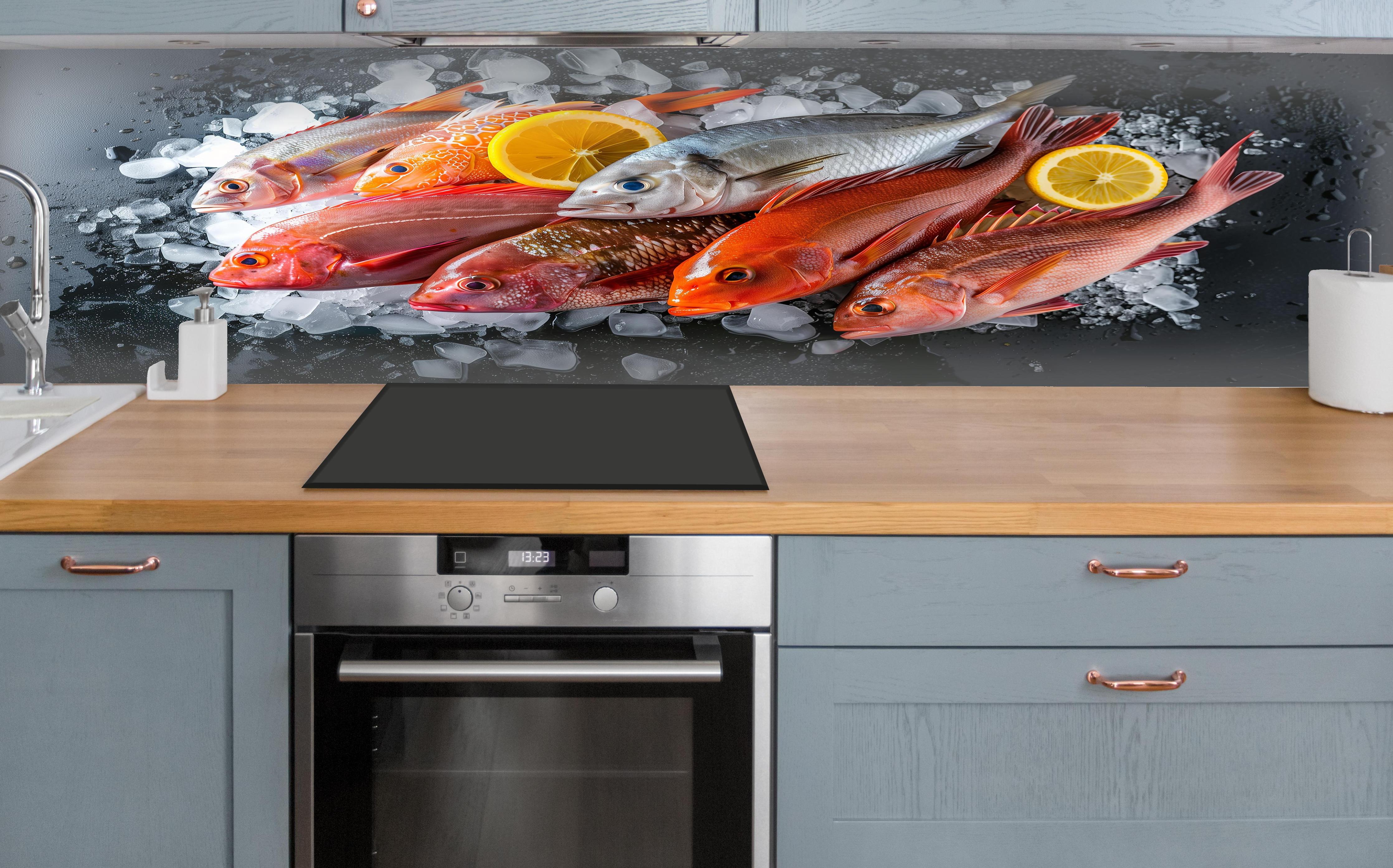 Küche - Frische Meeresfische auf Eis über polierter Holzarbeitsplatte mit Cerankochfeld