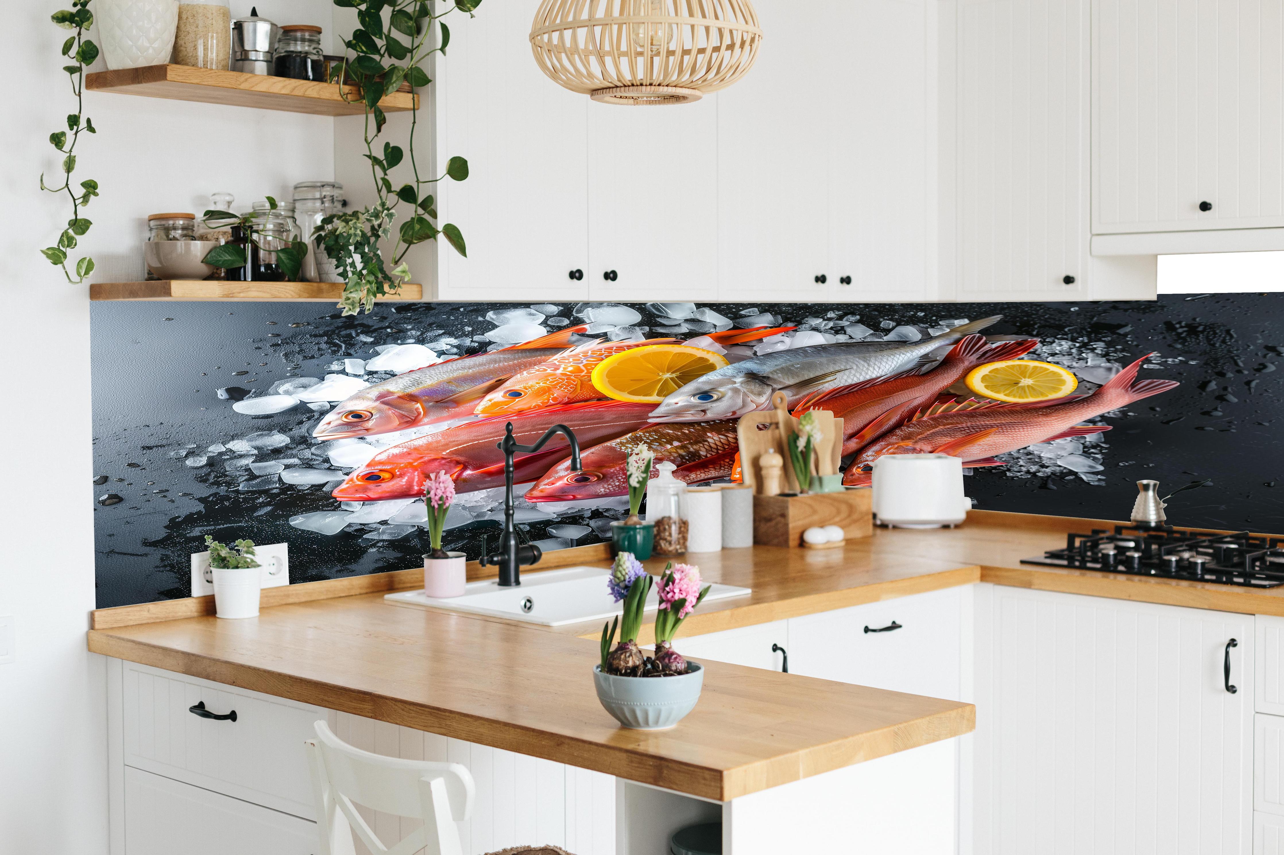 Küche - Frische Meeresfische auf Eis in lebendiger Küche mit bunten Blumen