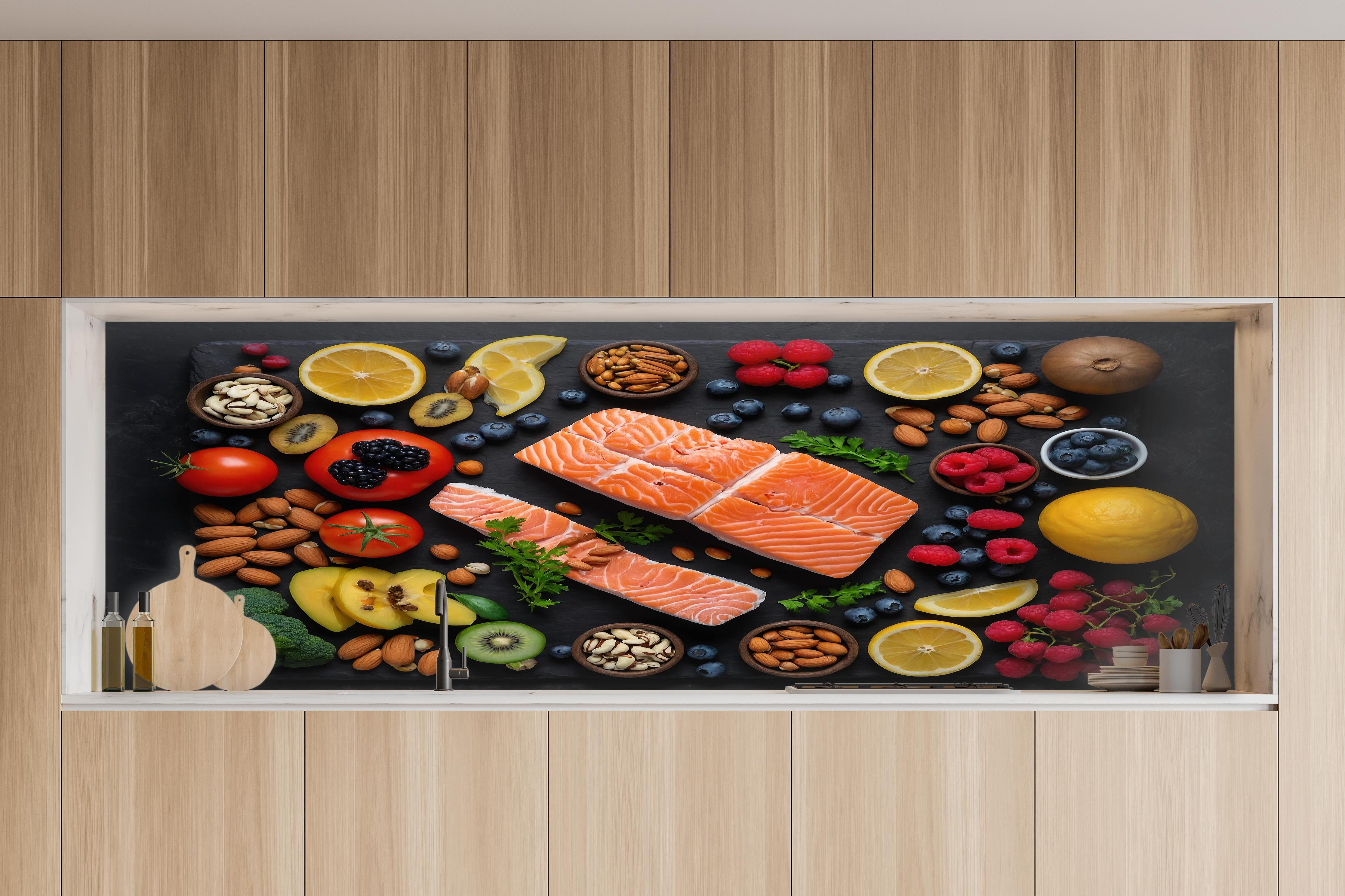 Küche - Frischer Lachs mit Beeren in charakteristischer Vollholz-Küche mit modernem Gasherd