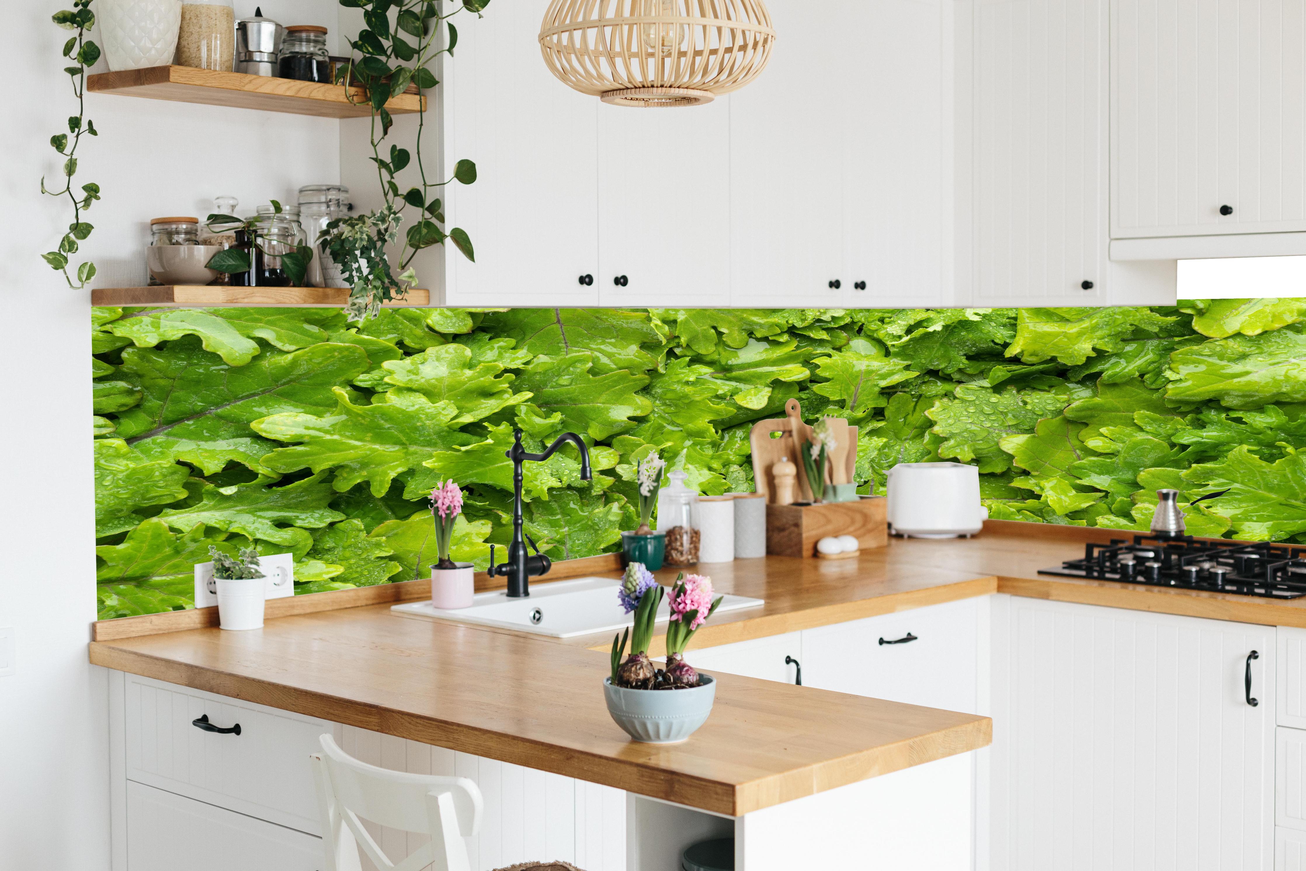 Küche - Frischer Rucola-Blätter-Hintergrund in lebendiger Küche mit bunten Blumen