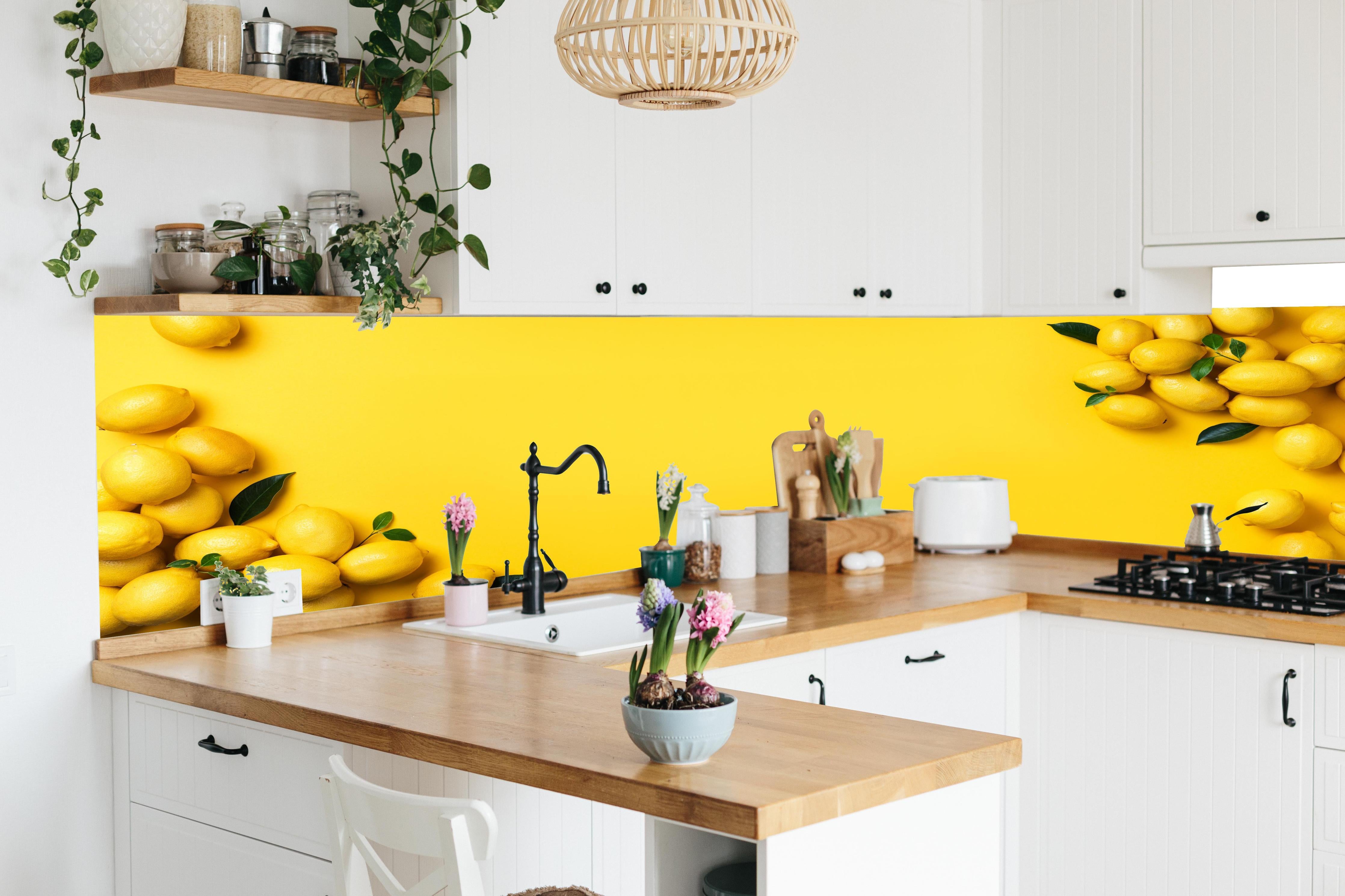 Küche - Gelbe Zitronen & Limetten in lebendiger Küche mit bunten Blumen