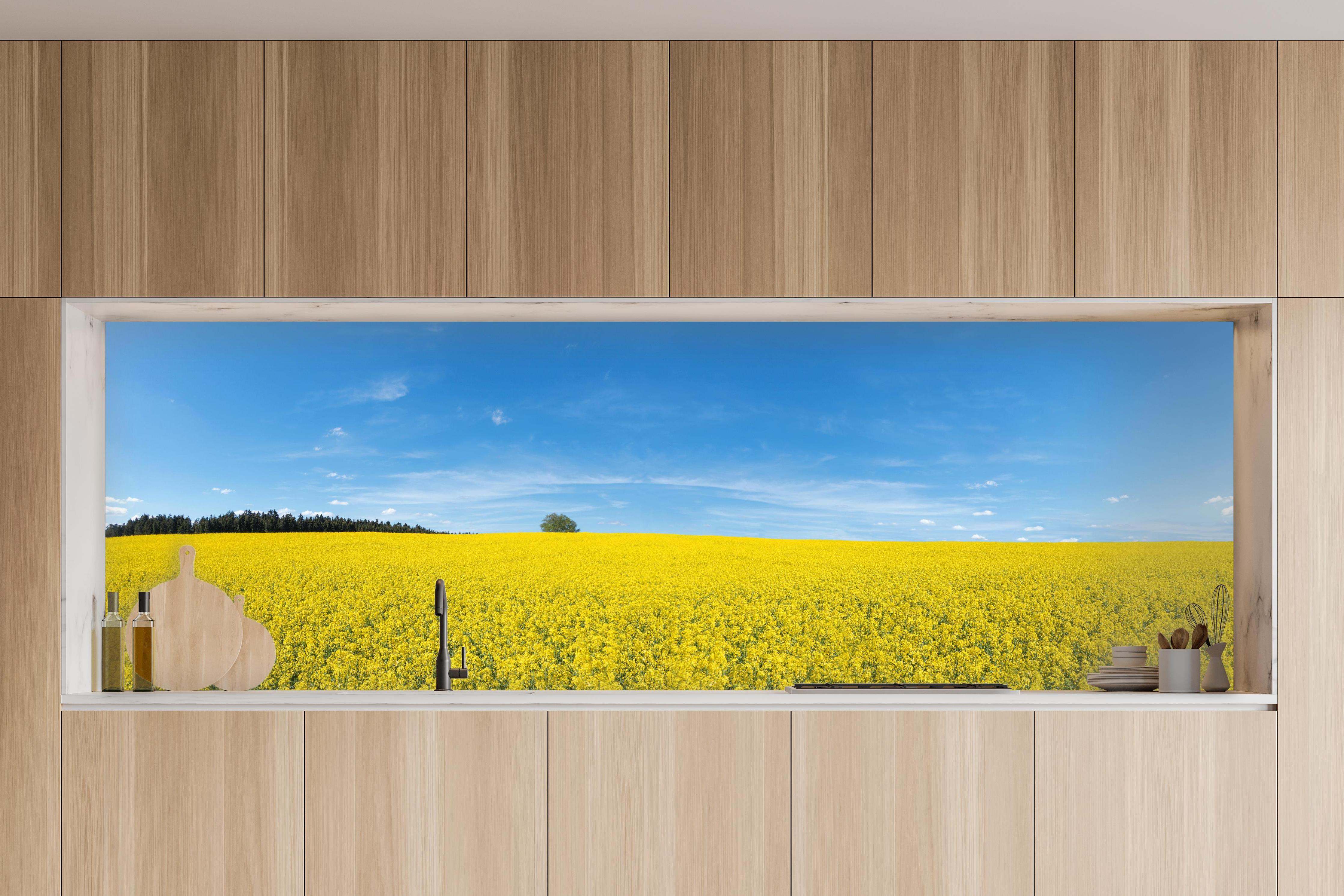 Küche - Gelbes Rapsfeld blauer Himmel in charakteristischer Vollholz-Küche mit modernem Gasherd