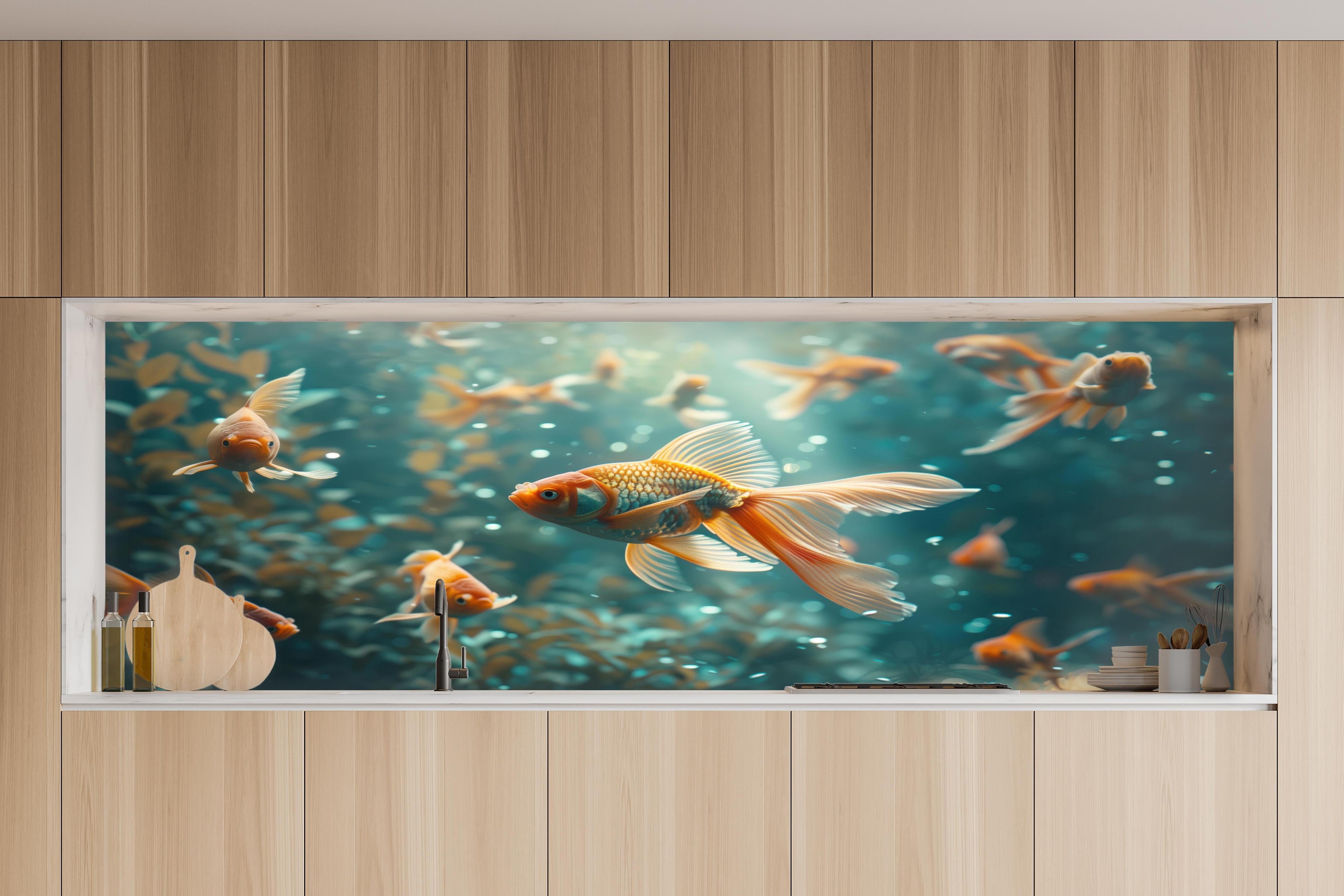 Küche - Goldfische Türkis-Orange in charakteristischer Vollholz-Küche mit modernem Gasherd