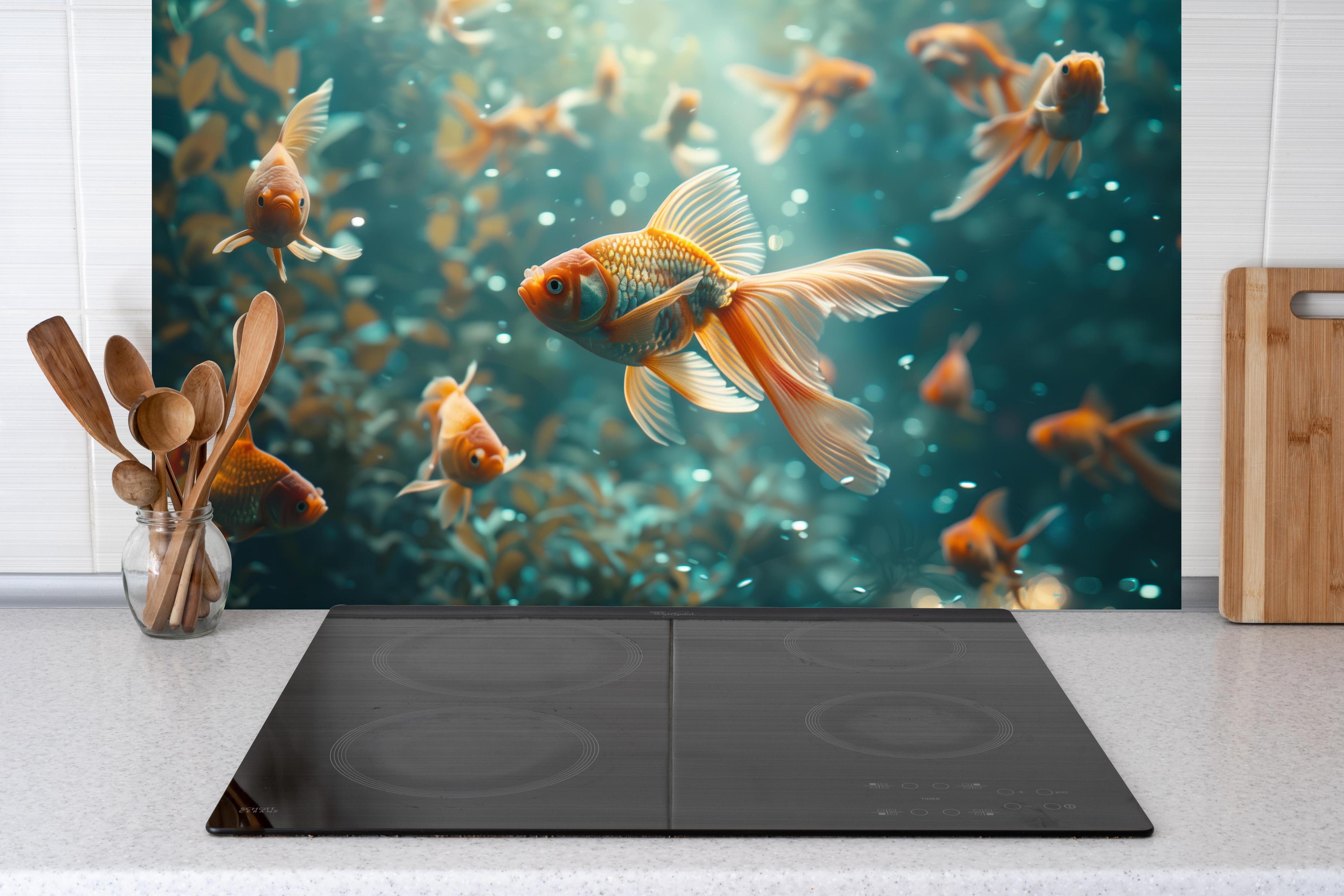 Küche - Goldfische Türkis-Orange hinter Cerankochfeld und Holz-Kochutensilien
