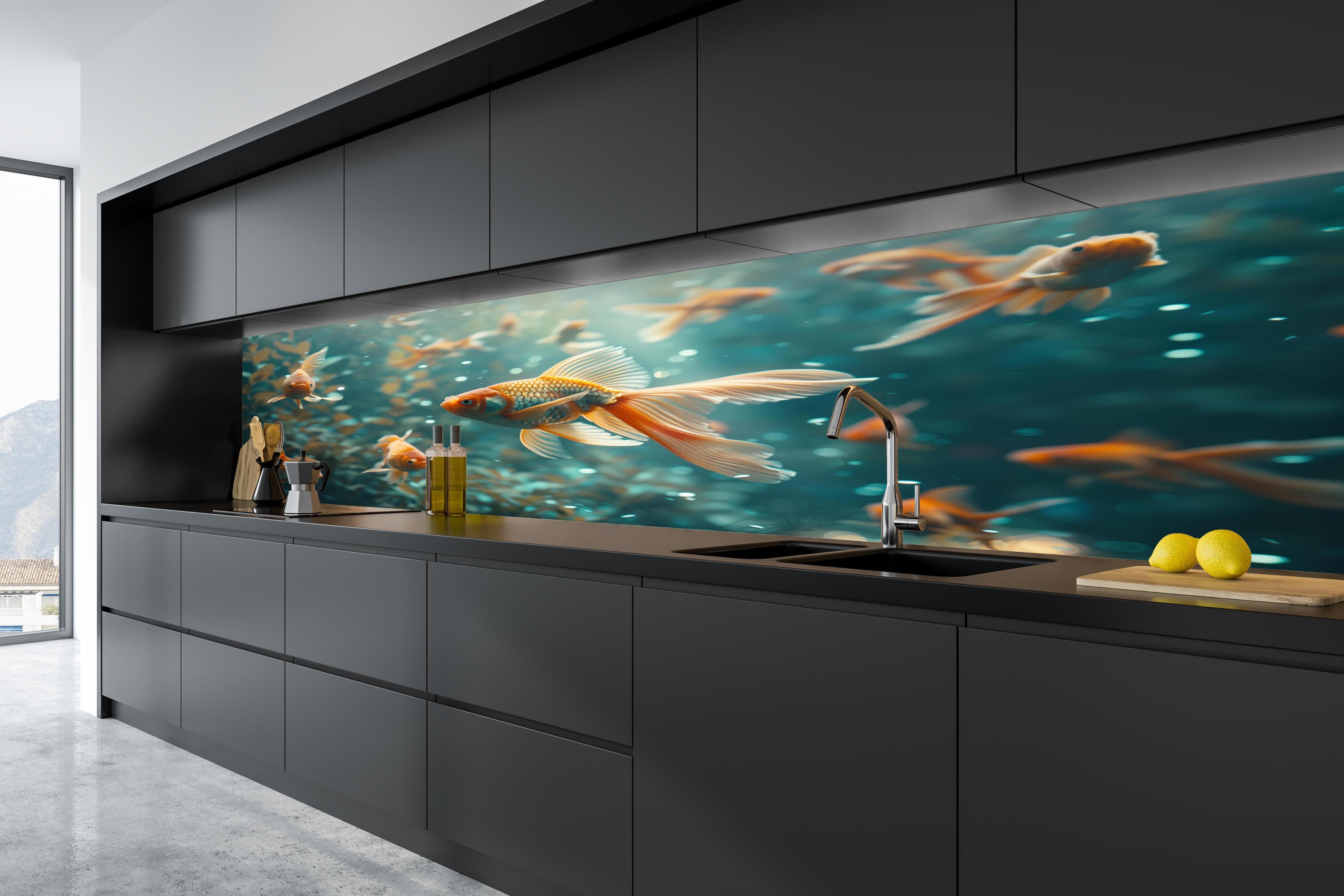 Küche - Goldfische Türkis-Orange in tiefschwarzer matt-premium Einbauküche