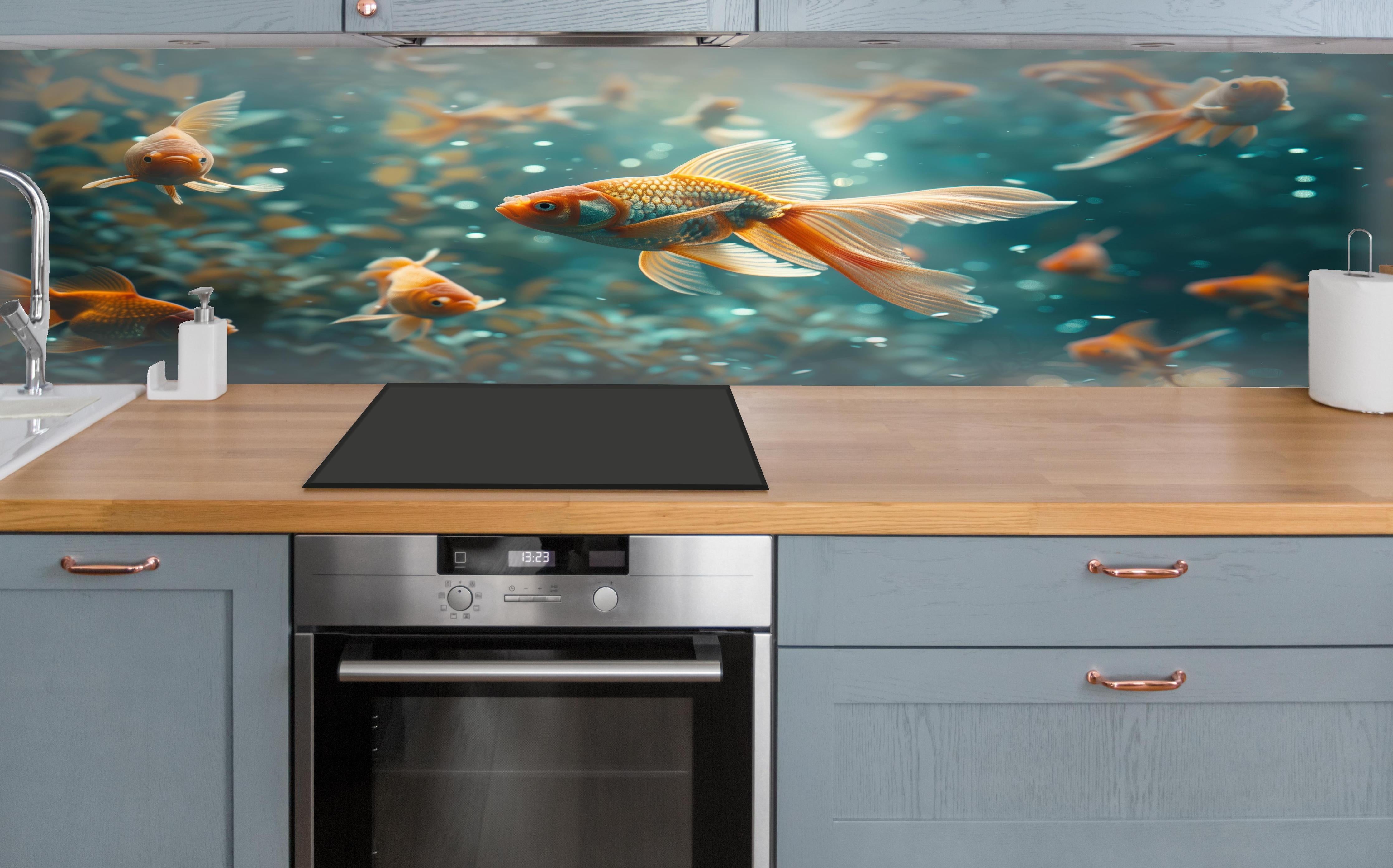 Küche - Goldfische Türkis-Orange über polierter Holzarbeitsplatte mit Cerankochfeld