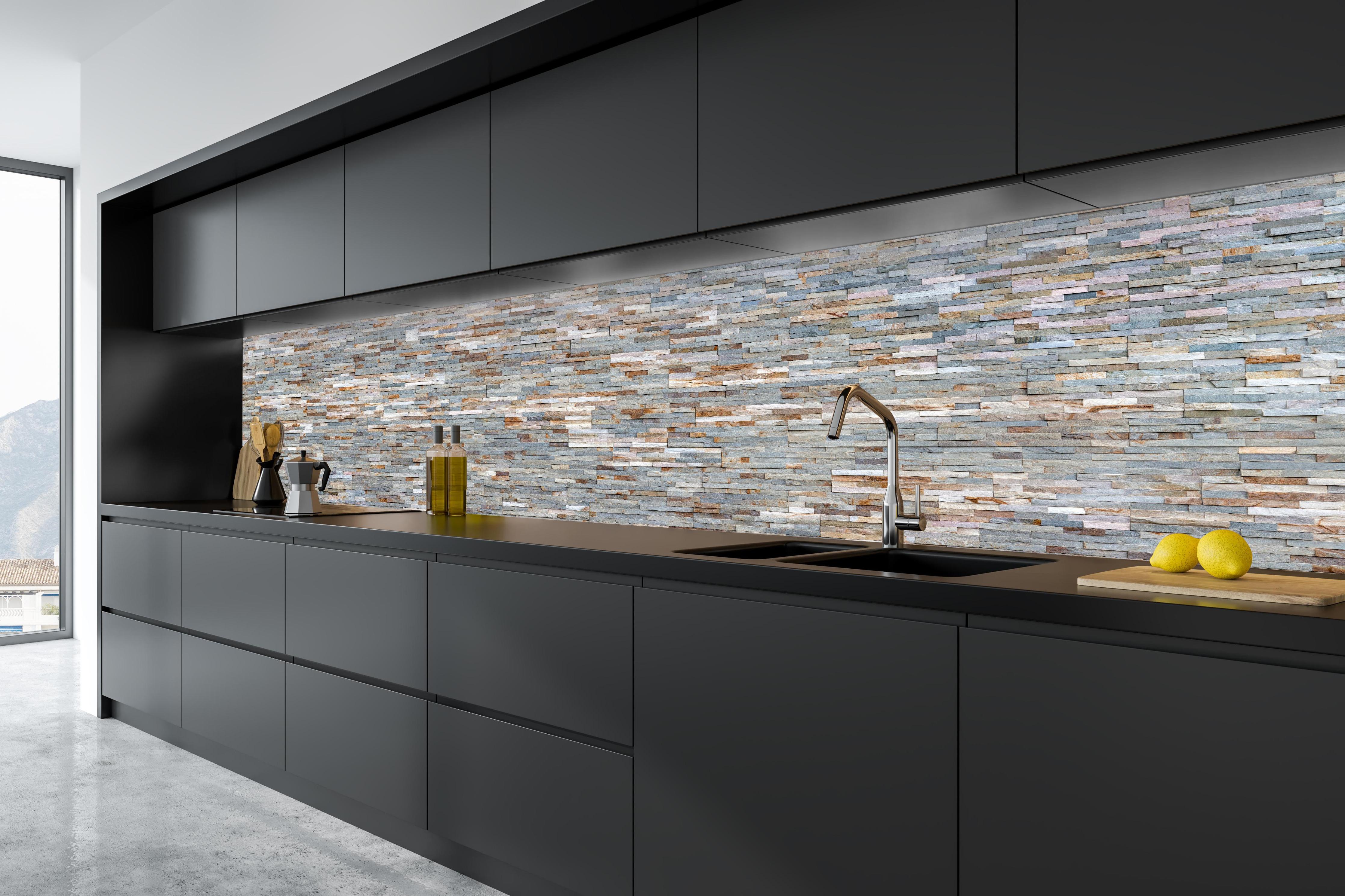 Küche - Grau-Beige Steinmauer Textur in tiefschwarzer matt-premium Einbauküche