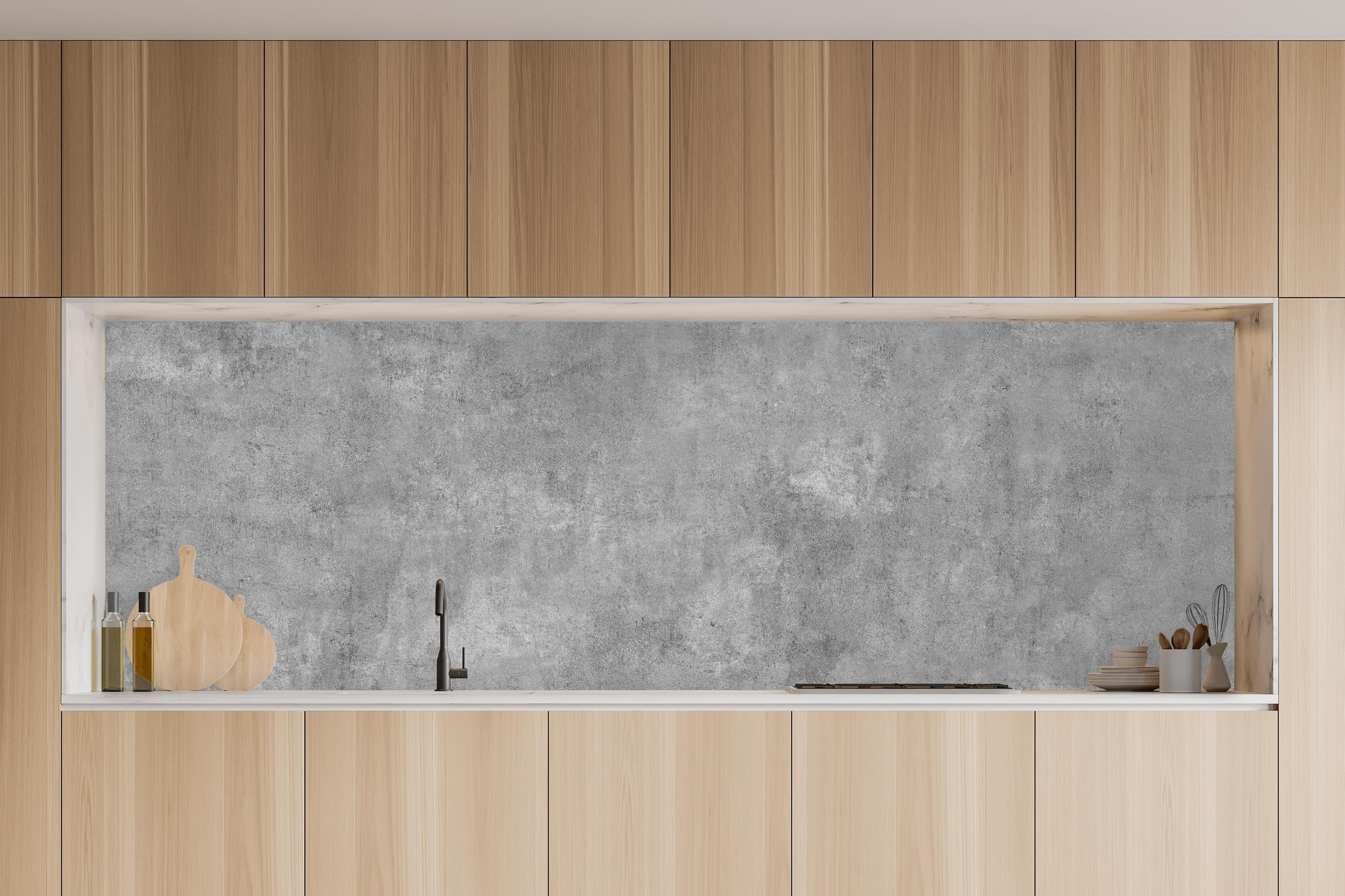 Küche - Grau-Weiß Betonstruktur in charakteristischer Vollholz-Küche mit modernem Gasherd