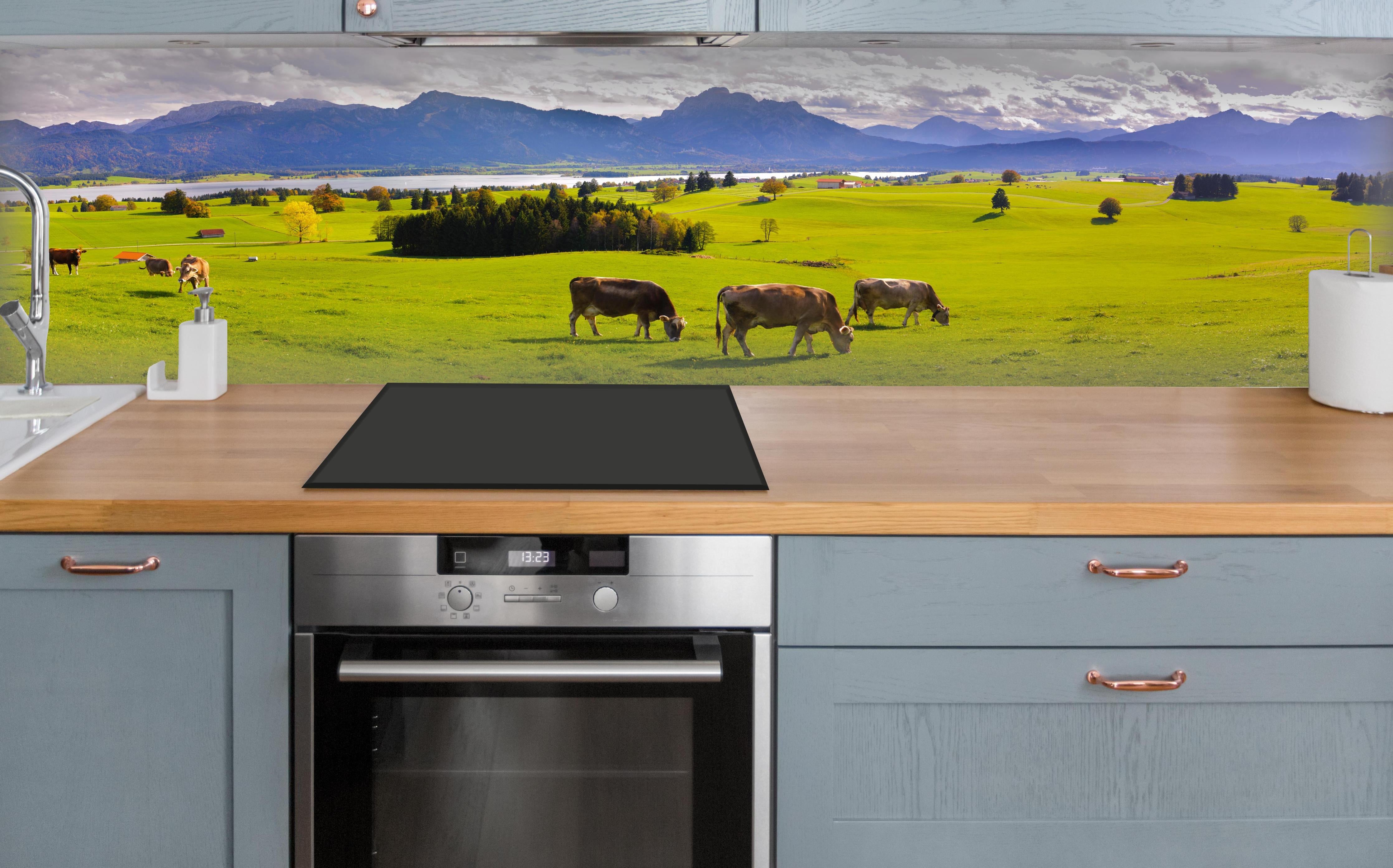 Küche - Grüne Bergwiese mit Kühen über polierter Holzarbeitsplatte mit Cerankochfeld