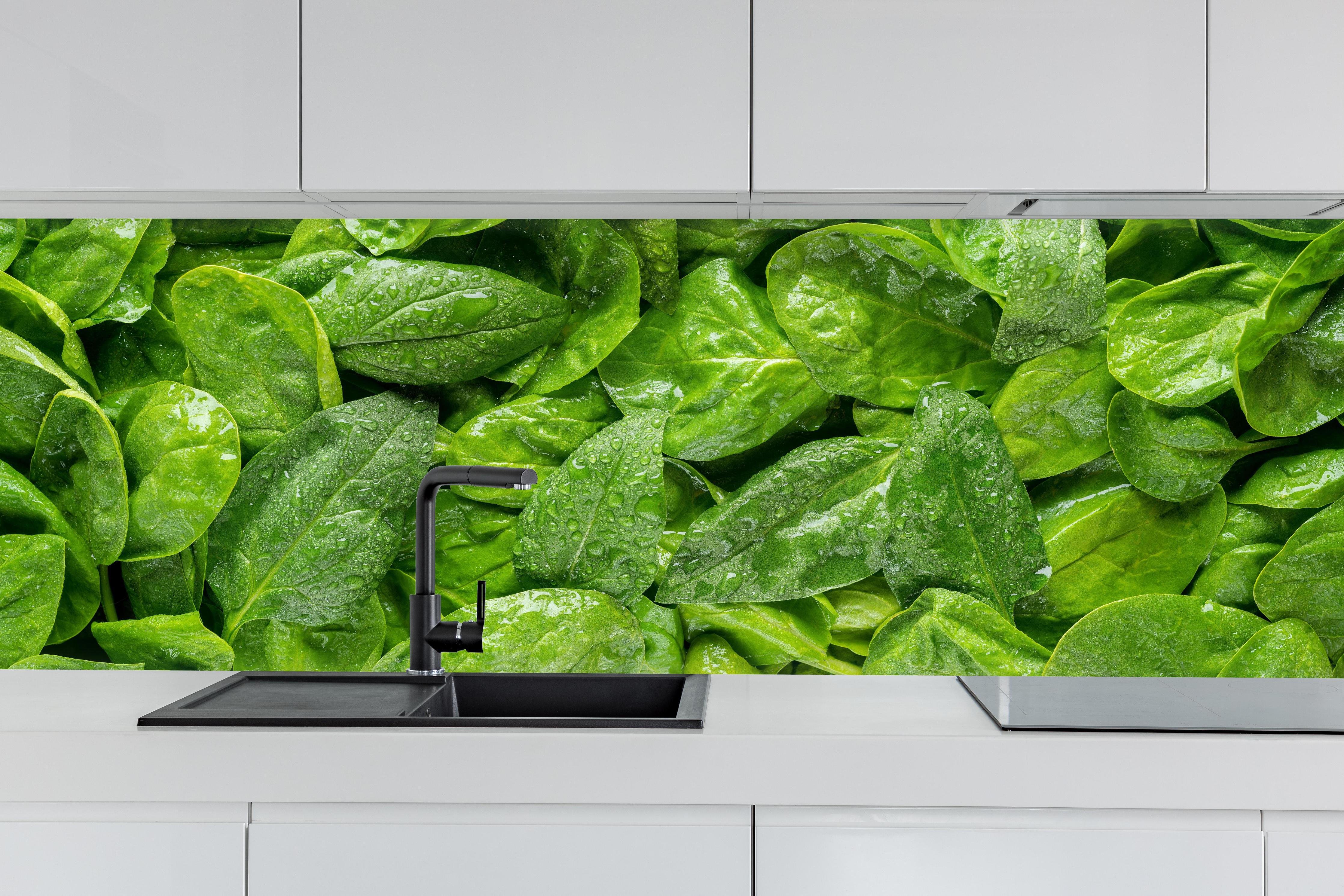 Küche - Grünes Kräuterblatt-Muster hinter weißen Hochglanz-Küchenregalen und schwarzem Wasserhahn