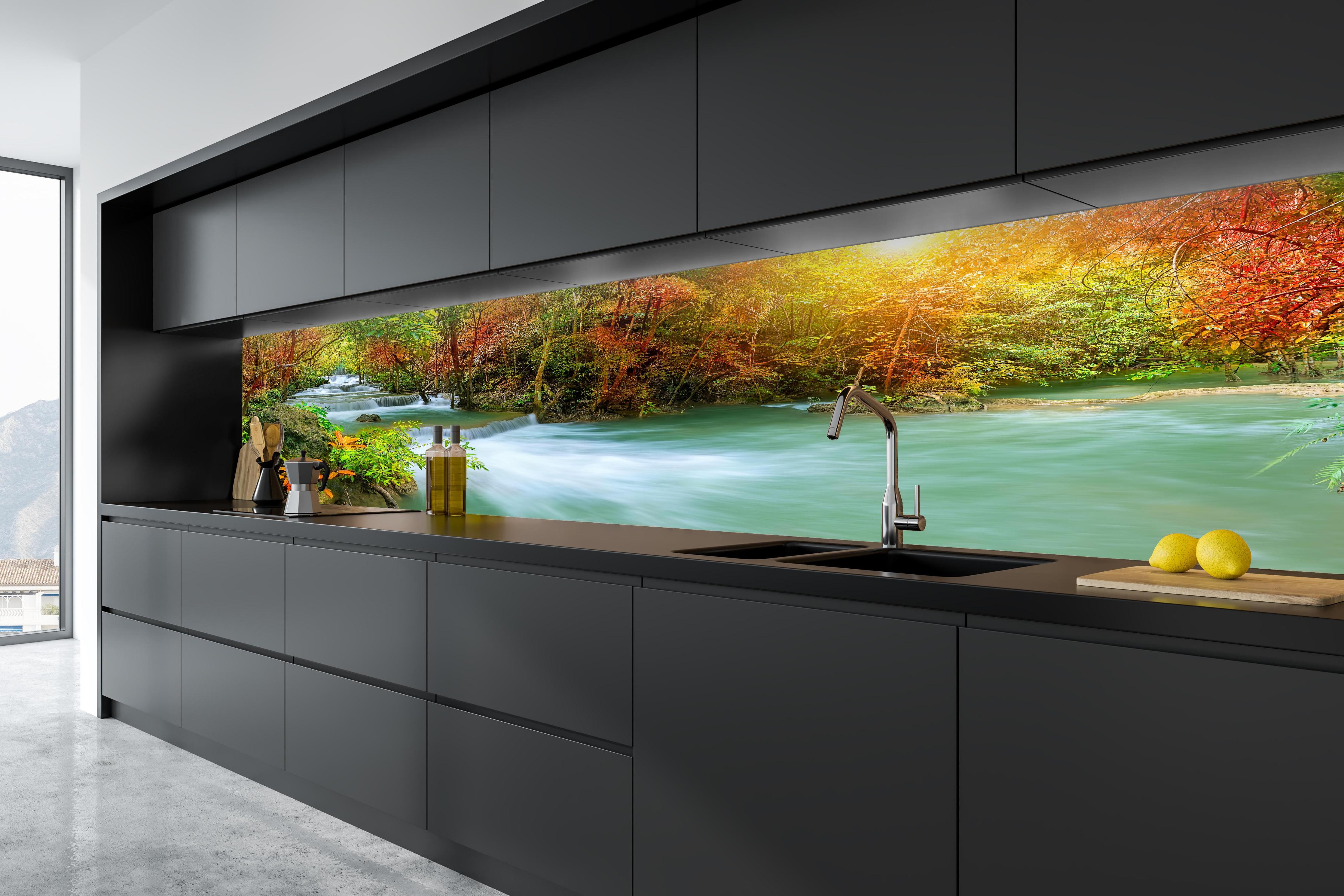 Küche - Herbstlicher Türkis-Wasserfall in tiefschwarzer matt-premium Einbauküche