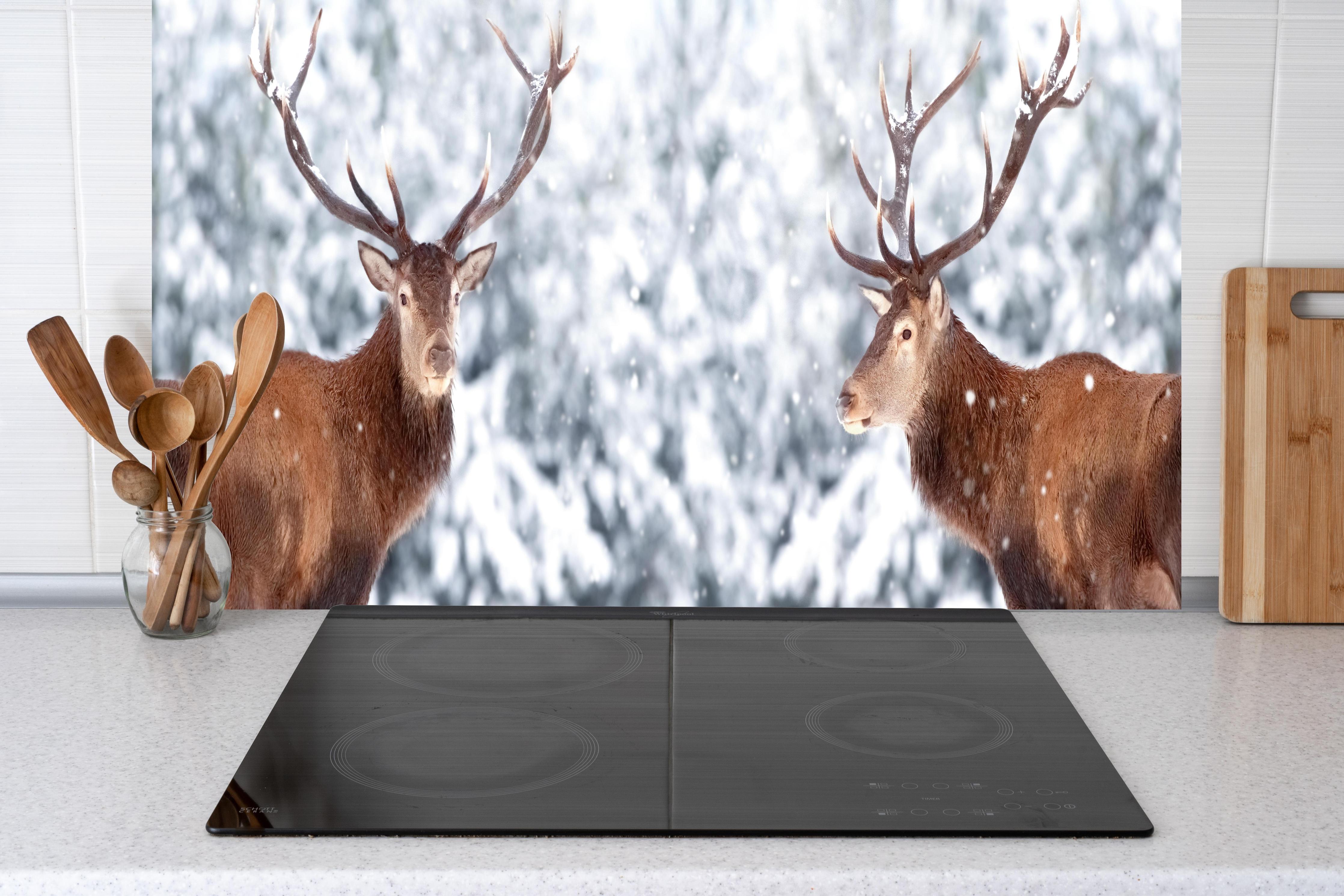 Küche - Hirsch-Paar im Winterwald hinter Cerankochfeld und Holz-Kochutensilien