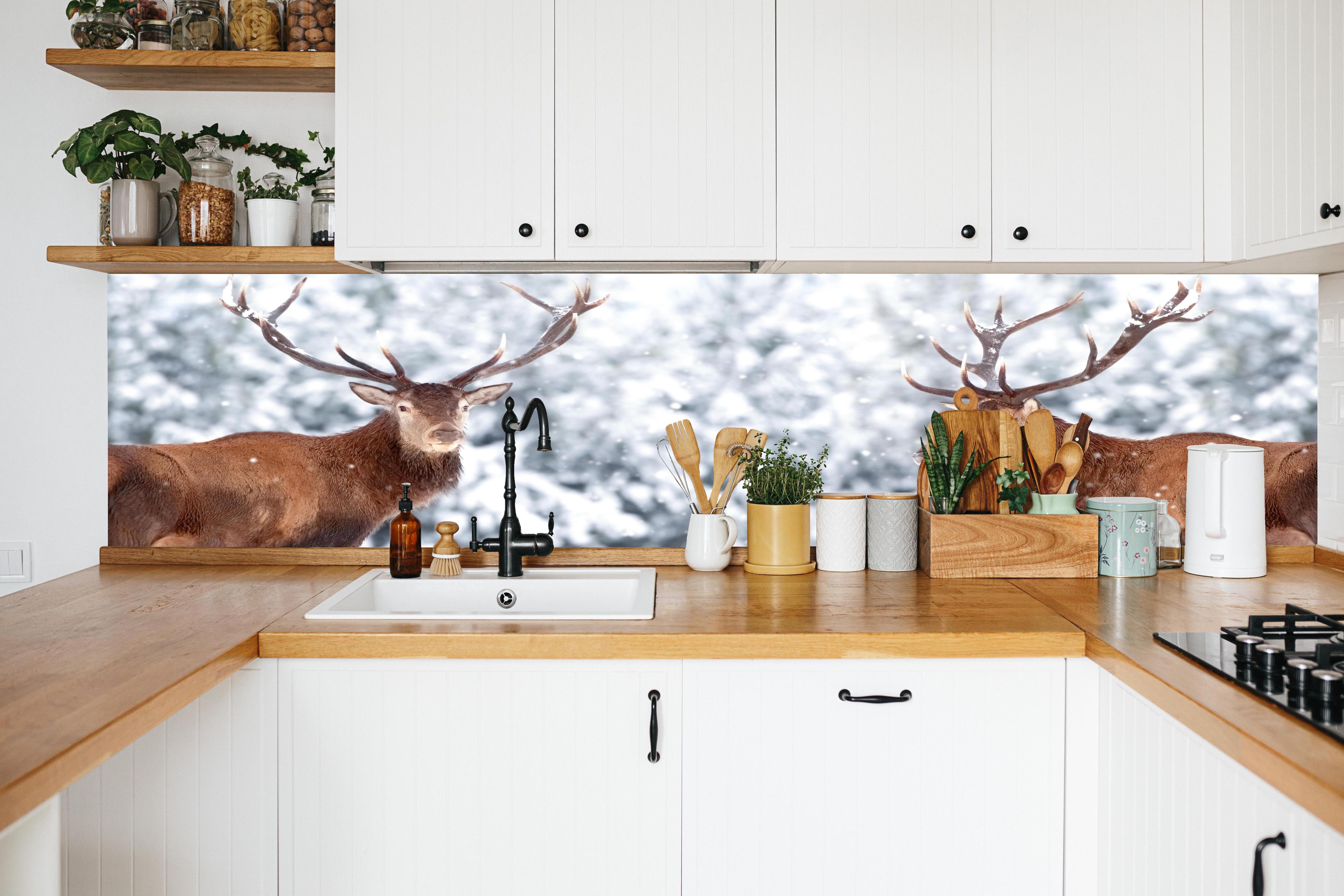 Küche - Hirsch-Paar im Winterwald in weißer Küche hinter Gewürzen und Kochlöffeln aus Holz