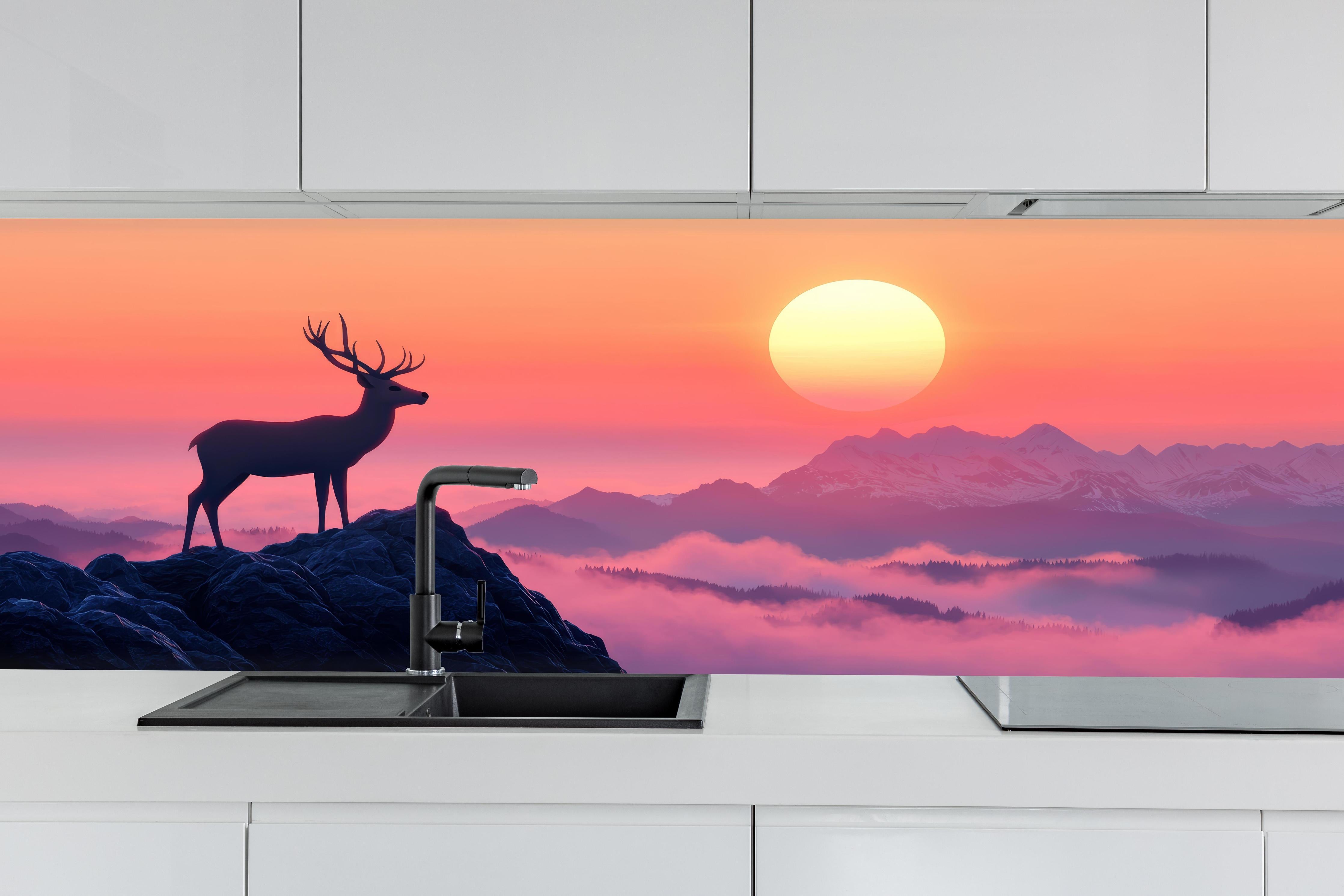 Küche - Hirsch-Silhouette Sonnenaufgang Orange-Pink hinter weißen Hochglanz-Küchenregalen und schwarzem Wasserhahn