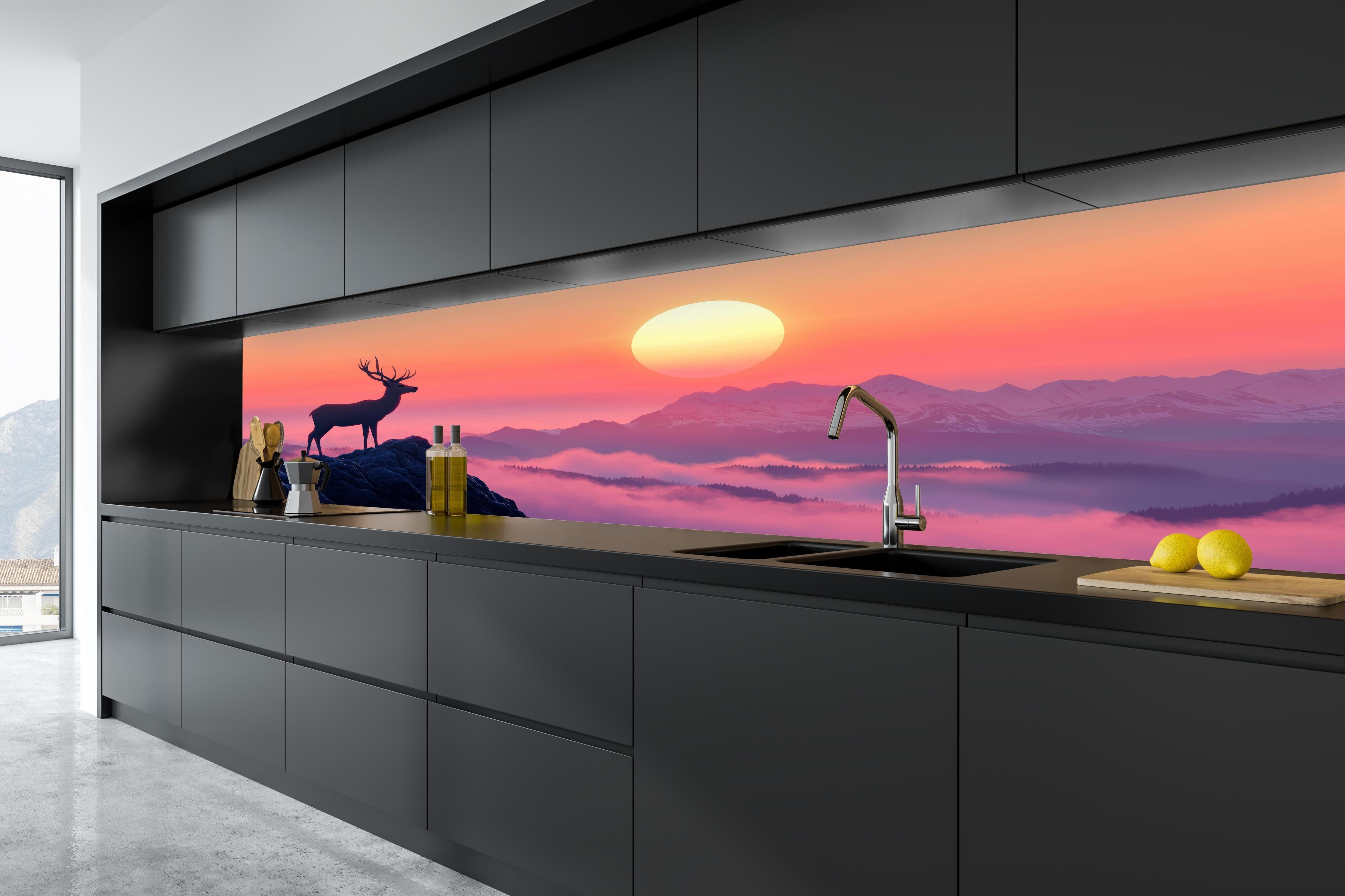 Küche - Hirsch-Silhouette Sonnenaufgang Orange-Pink in tiefschwarzer matt-premium Einbauküche