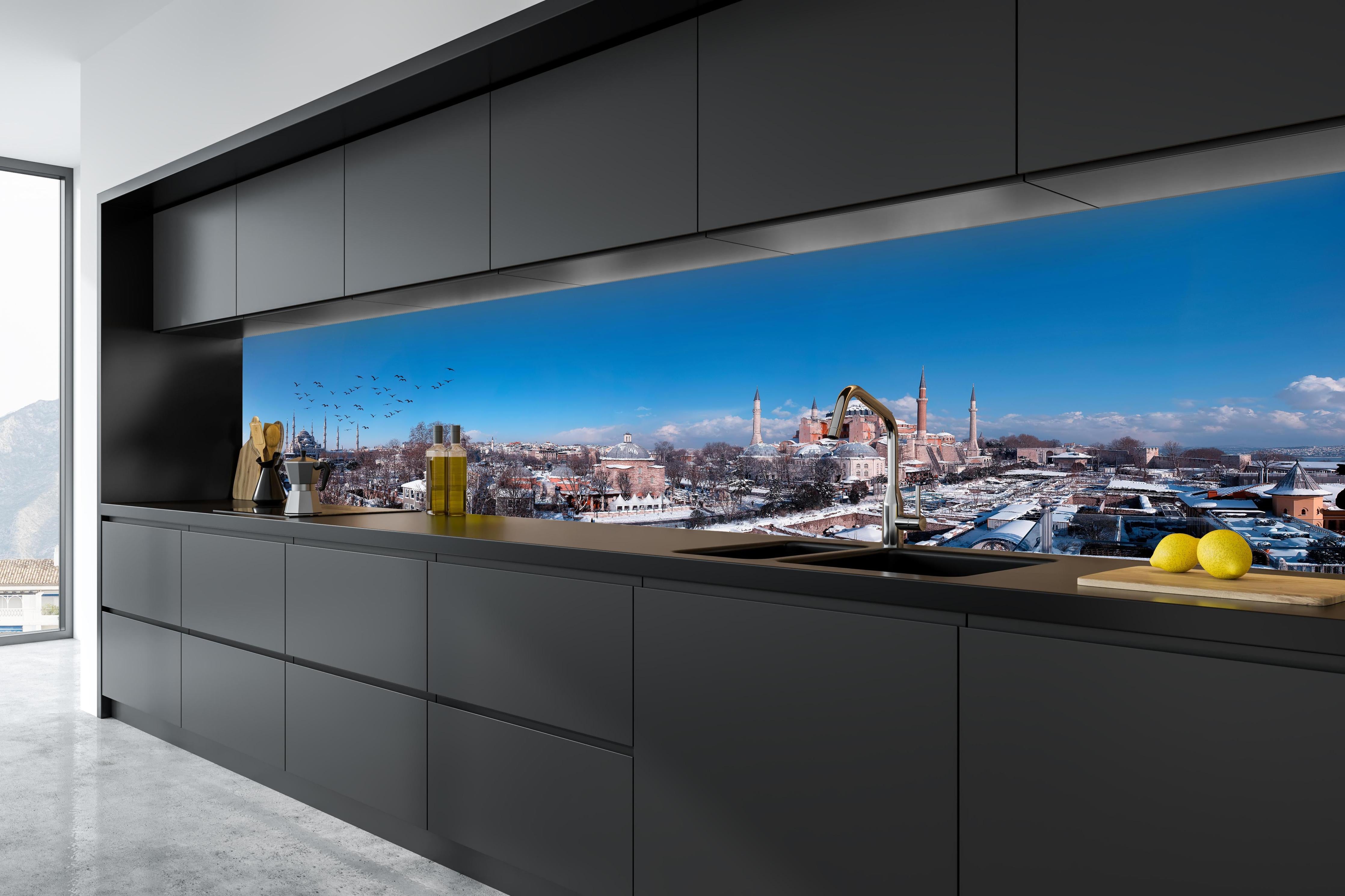 Küche - Istanbul Skyline Blau-Weiß in tiefschwarzer matt-premium Einbauküche