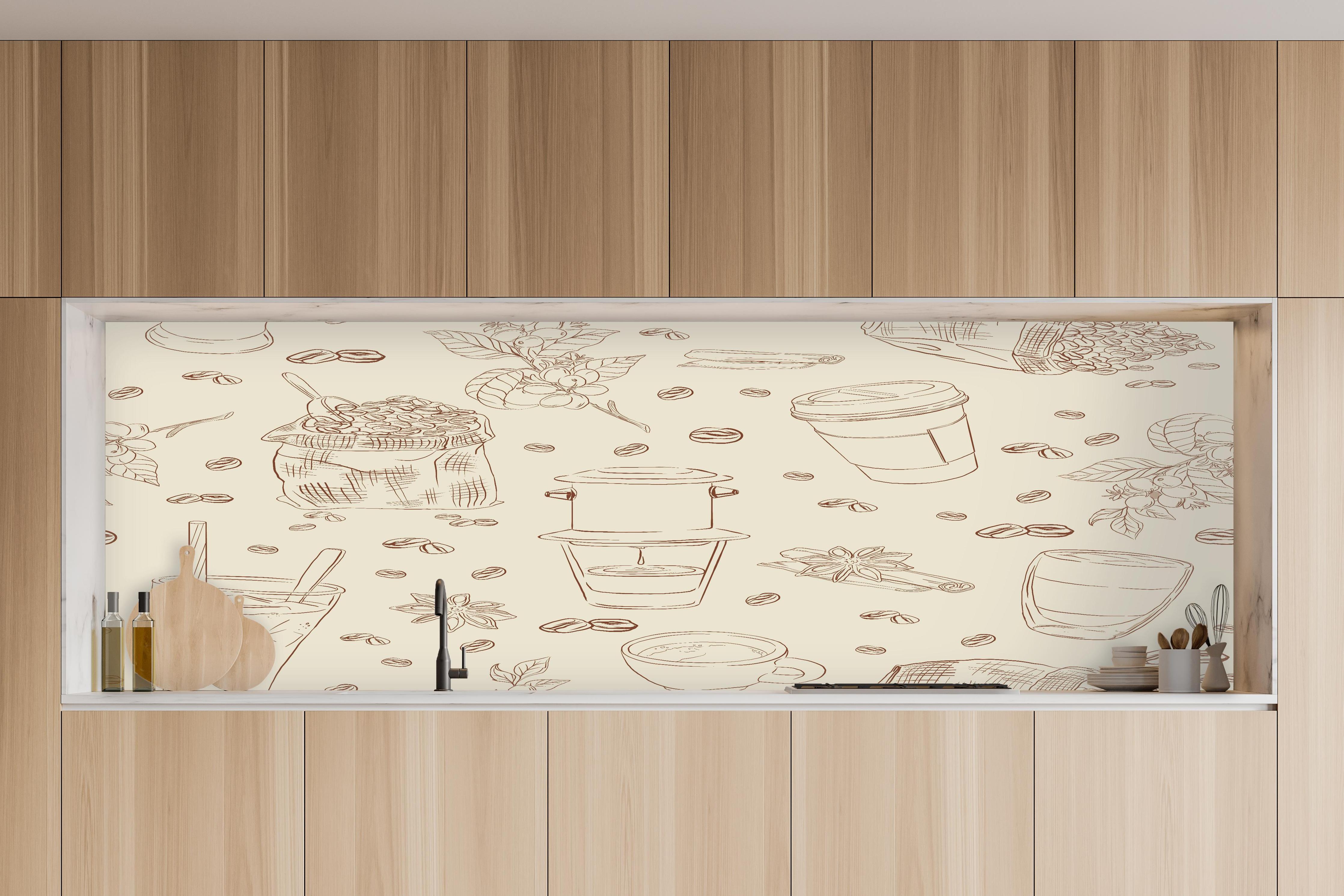 Küche - Kaffee-Muster Beige Braun in charakteristischer Vollholz-Küche mit modernem Gasherd
