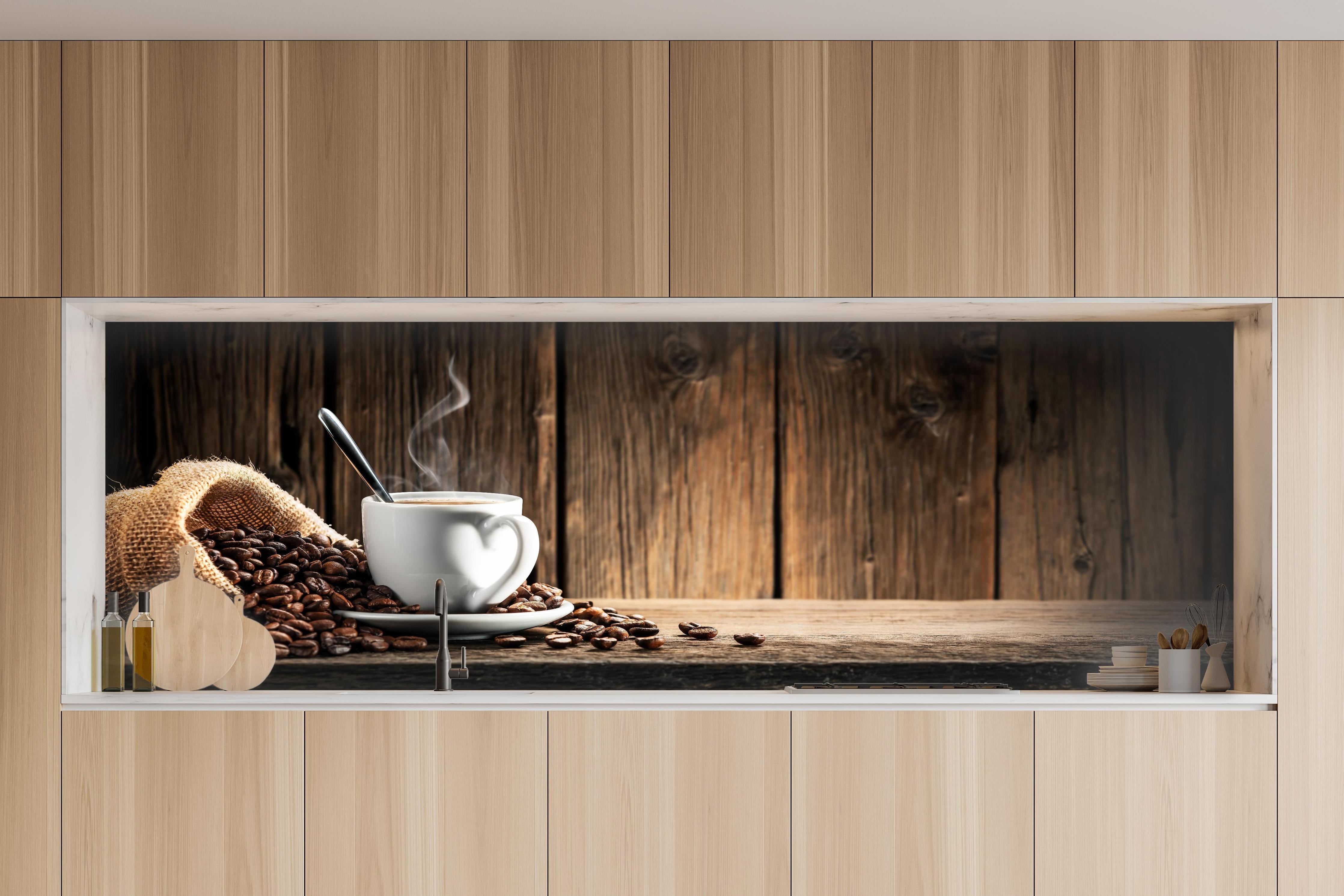 Küche - Kaffee Stillleben Braun Weiß in charakteristischer Vollholz-Küche mit modernem Gasherd