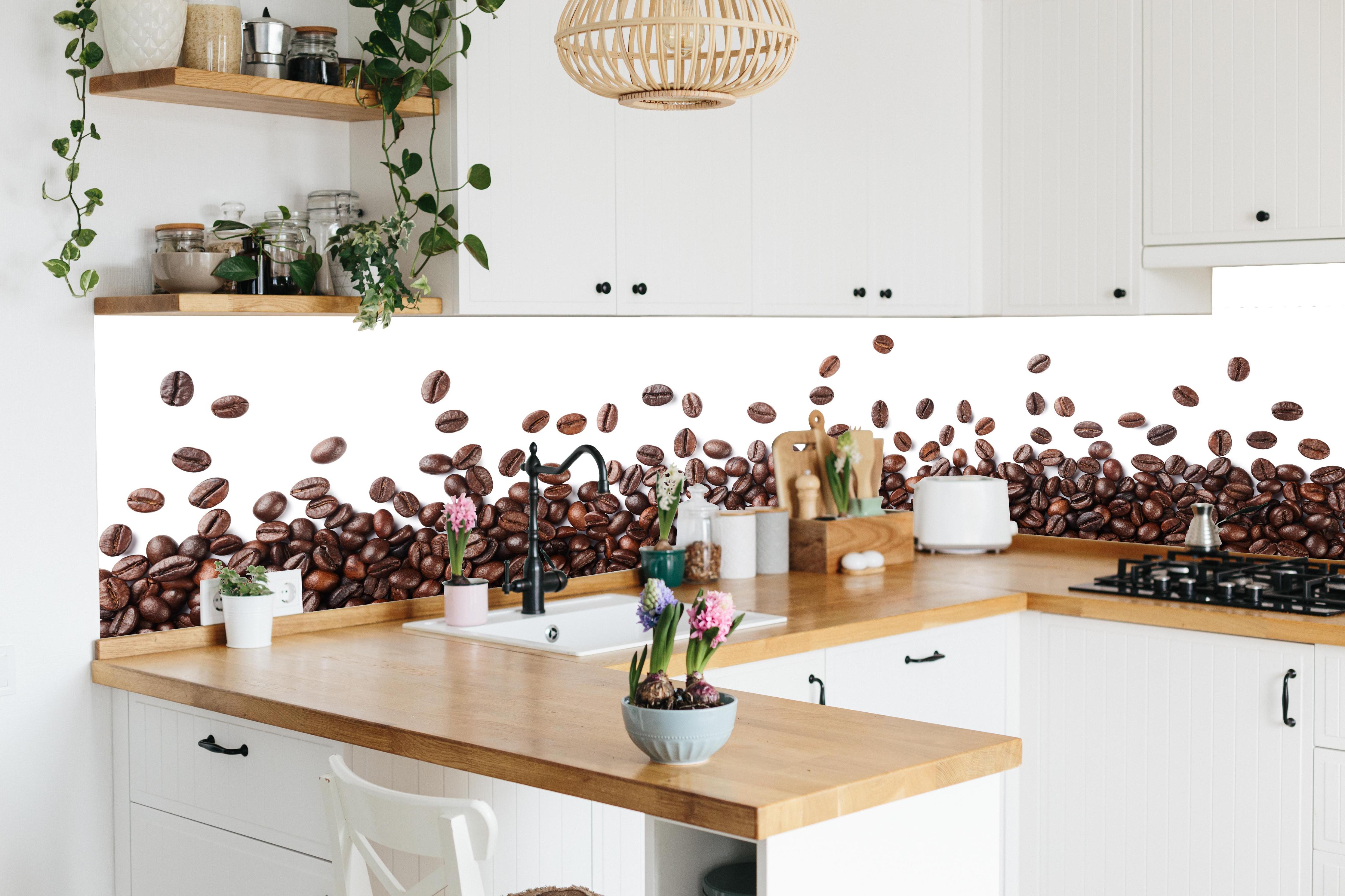 Küche - Kaffeebohnen Bordüre Braun in lebendiger Küche mit bunten Blumen