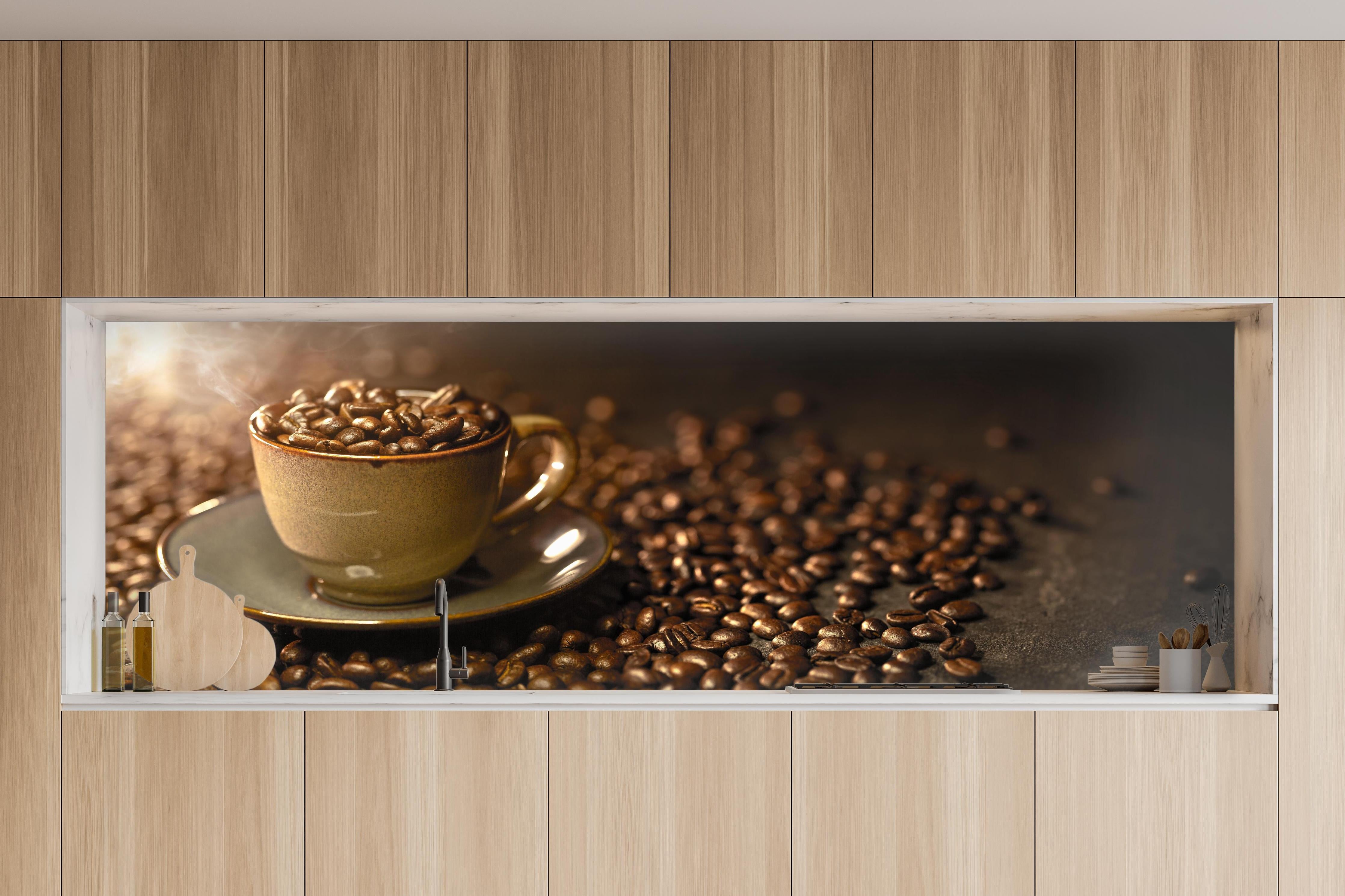Küche - Kaffeebohnen Stillleben in Braun in charakteristischer Vollholz-Küche mit modernem Gasherd