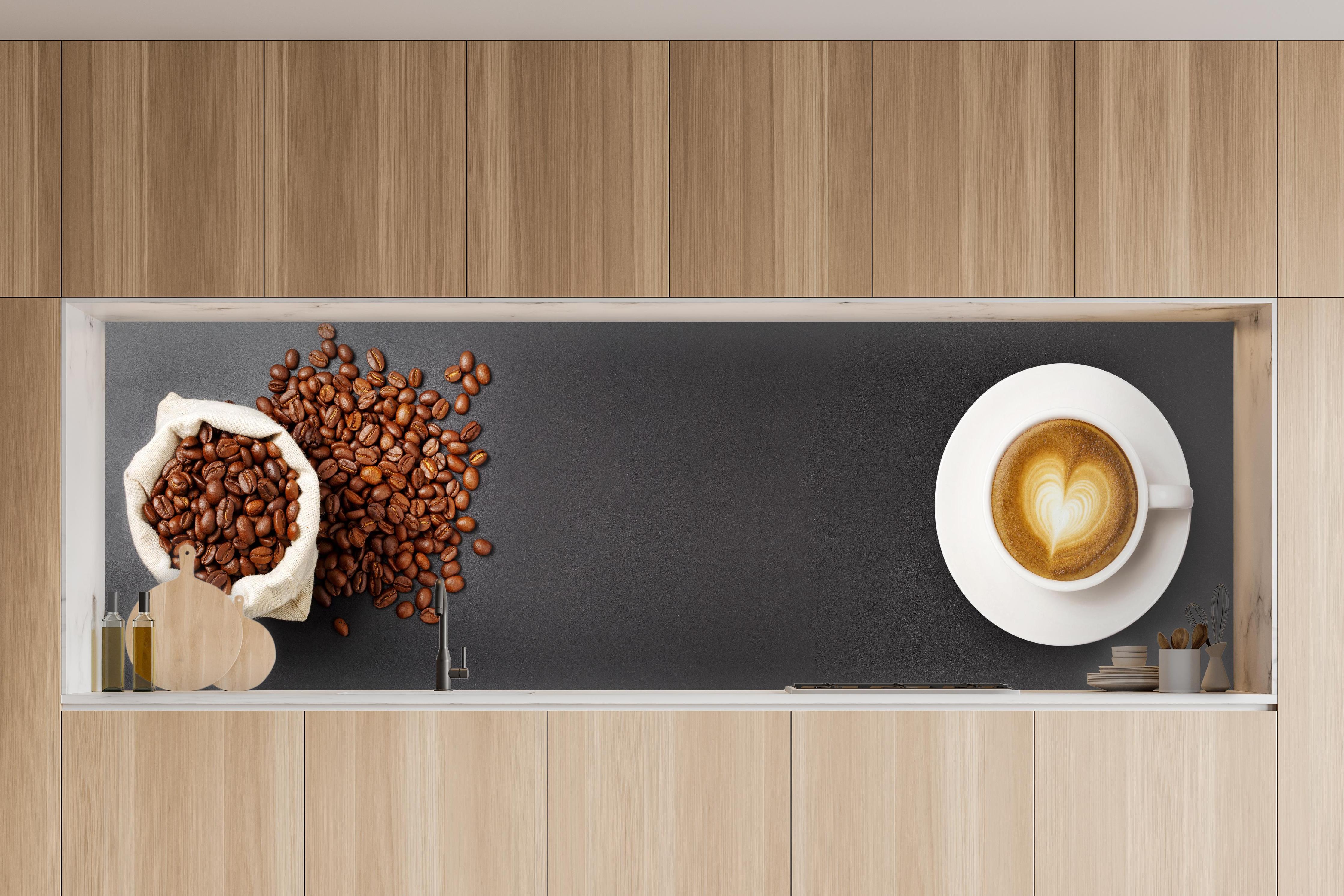 Küche - Kaffeebohnen und Cappuccino Braun-Weiß in charakteristischer Vollholz-Küche mit modernem Gasherd