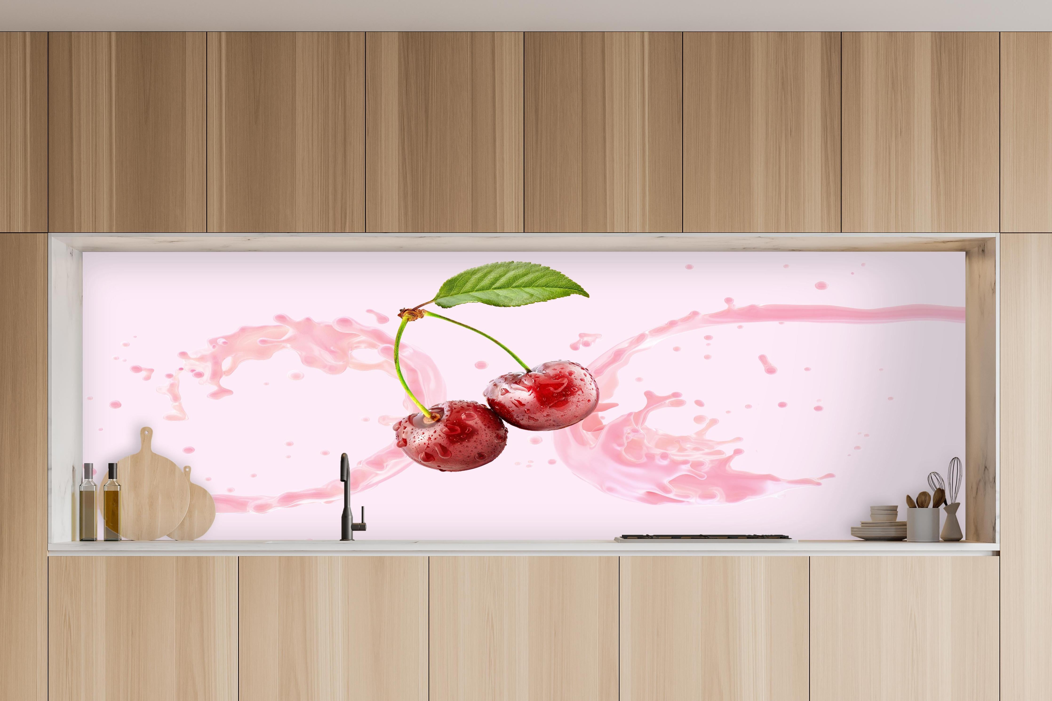 Küche - Kirsch-Milch-Splash in Rosa in charakteristischer Vollholz-Küche mit modernem Gasherd