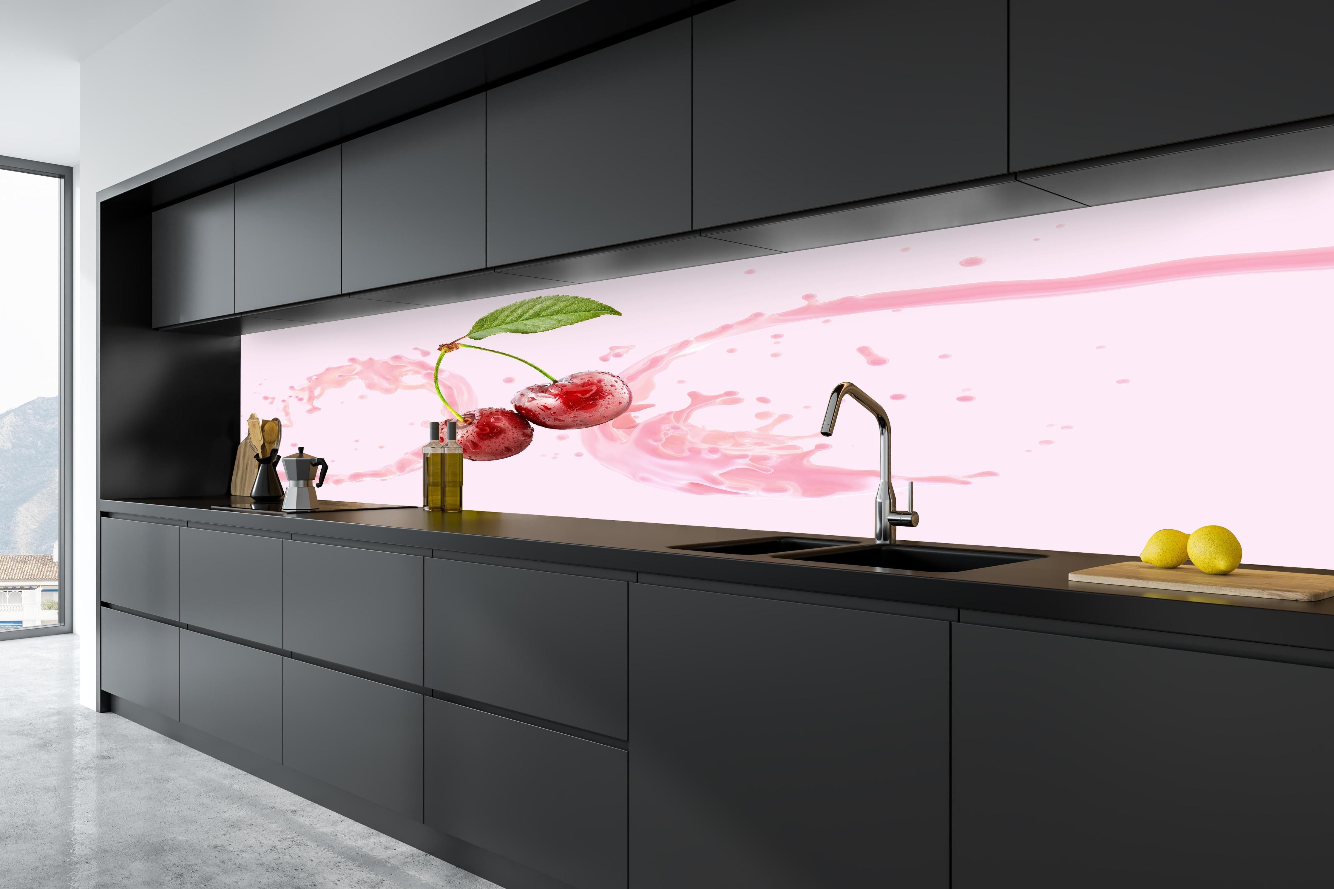 Küche - Kirsch-Milch-Splash in Rosa in tiefschwarzer matt-premium Einbauküche