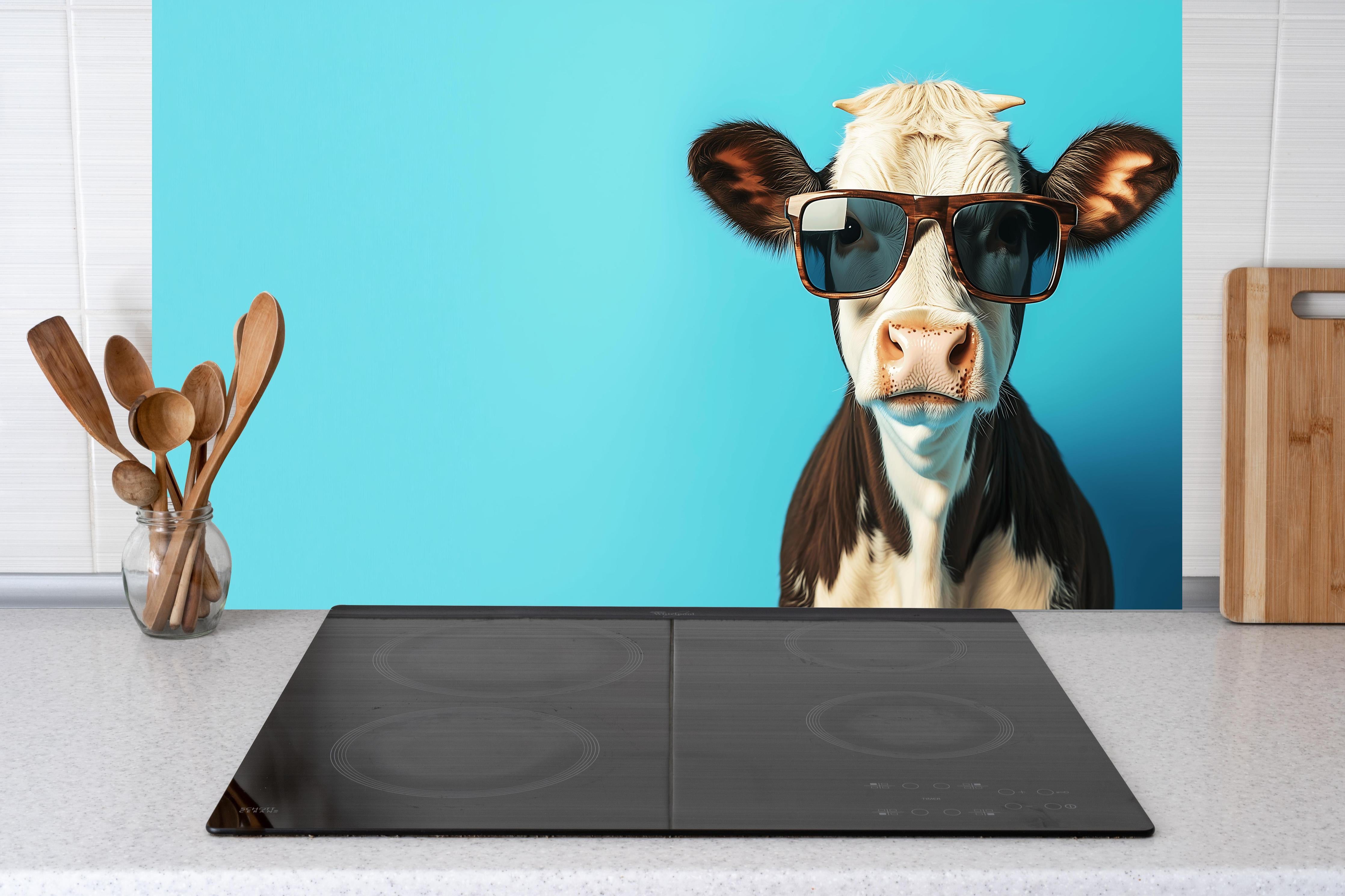 Küche - Kuh mit Sonnenbrille, Türkis hinter Cerankochfeld und Holz-Kochutensilien