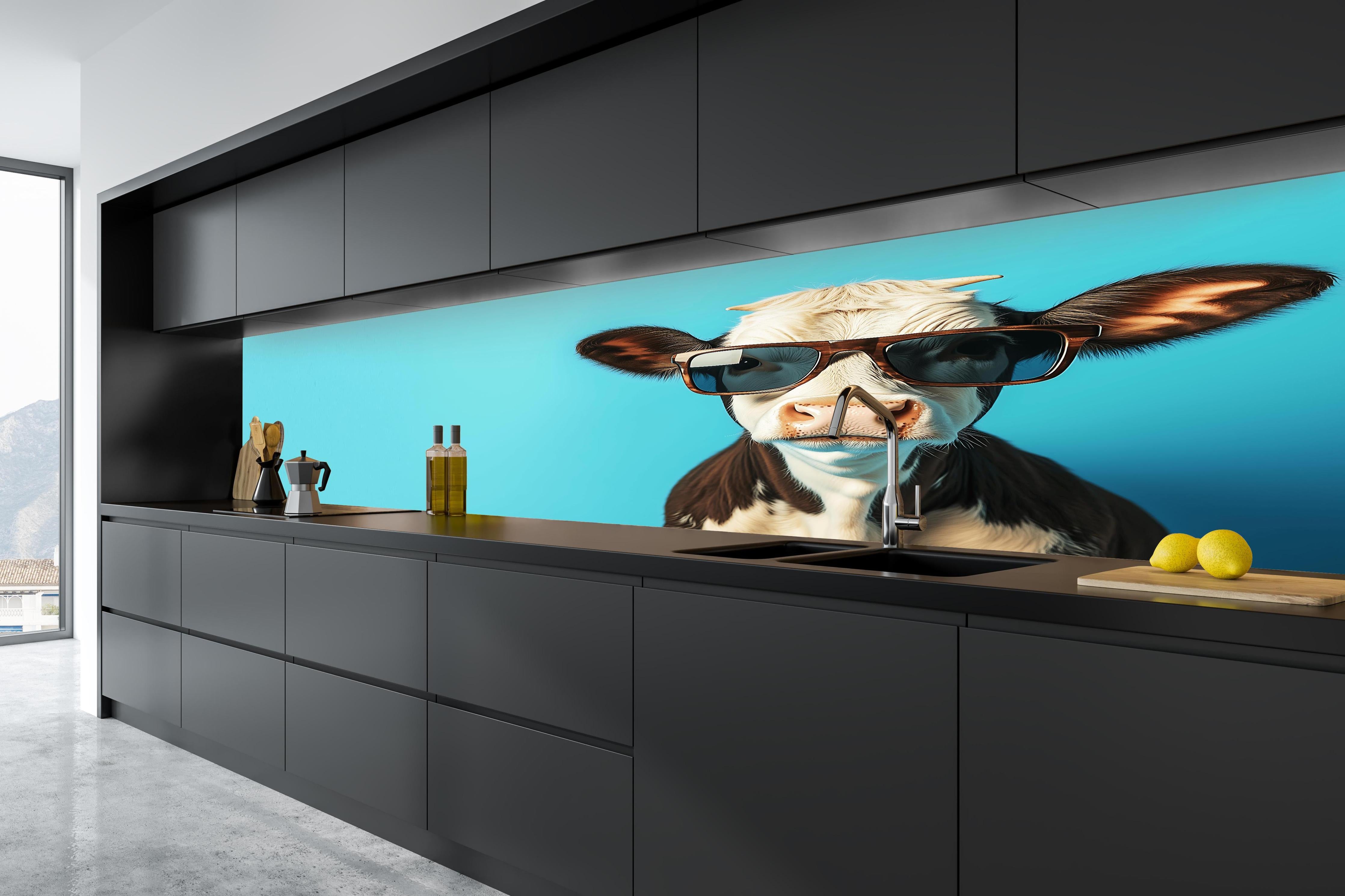 Küche - Kuh mit Sonnenbrille, Türkis in tiefschwarzer matt-premium Einbauküche