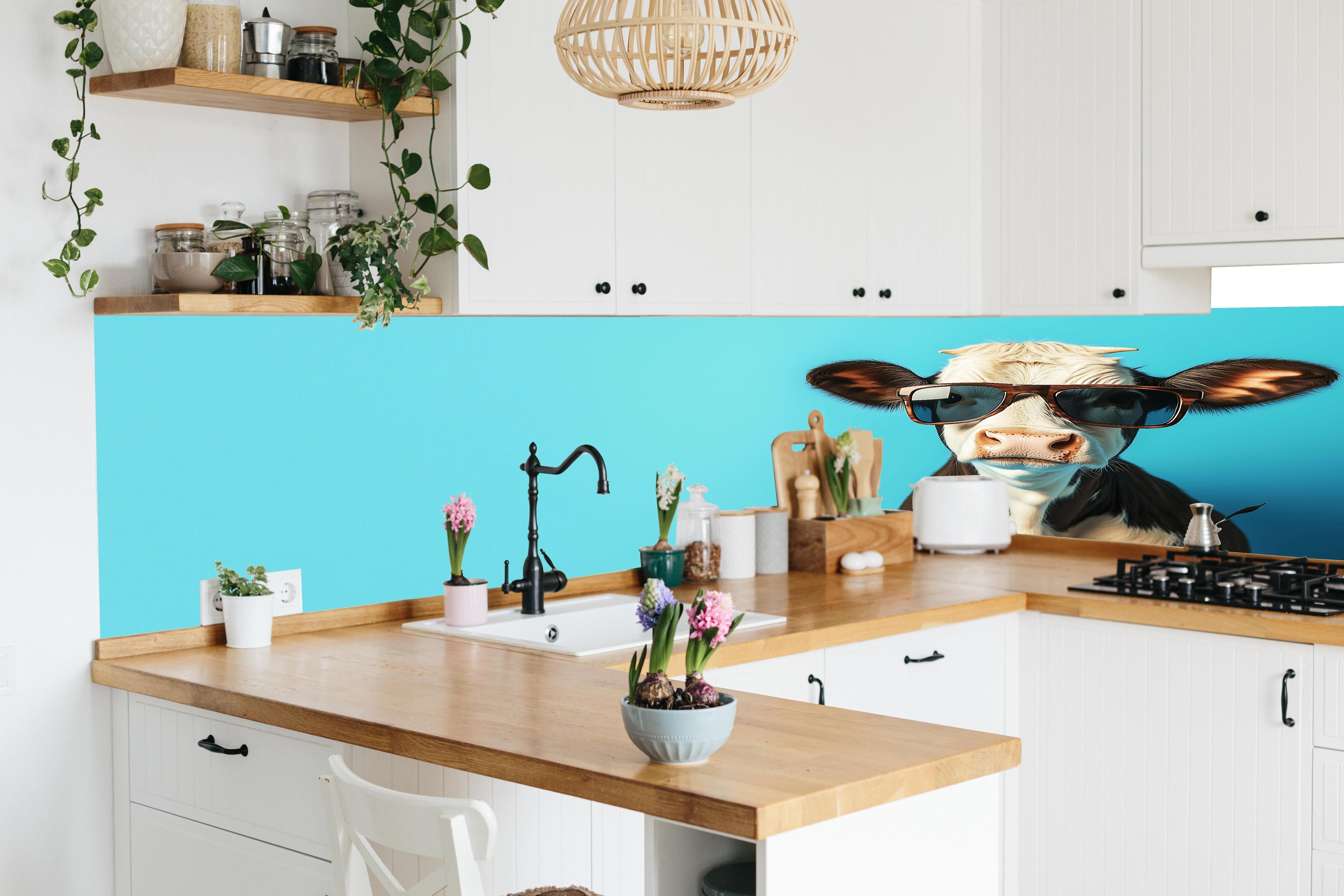 Küche - Kuh mit Sonnenbrille, Türkis in lebendiger Küche mit bunten Blumen