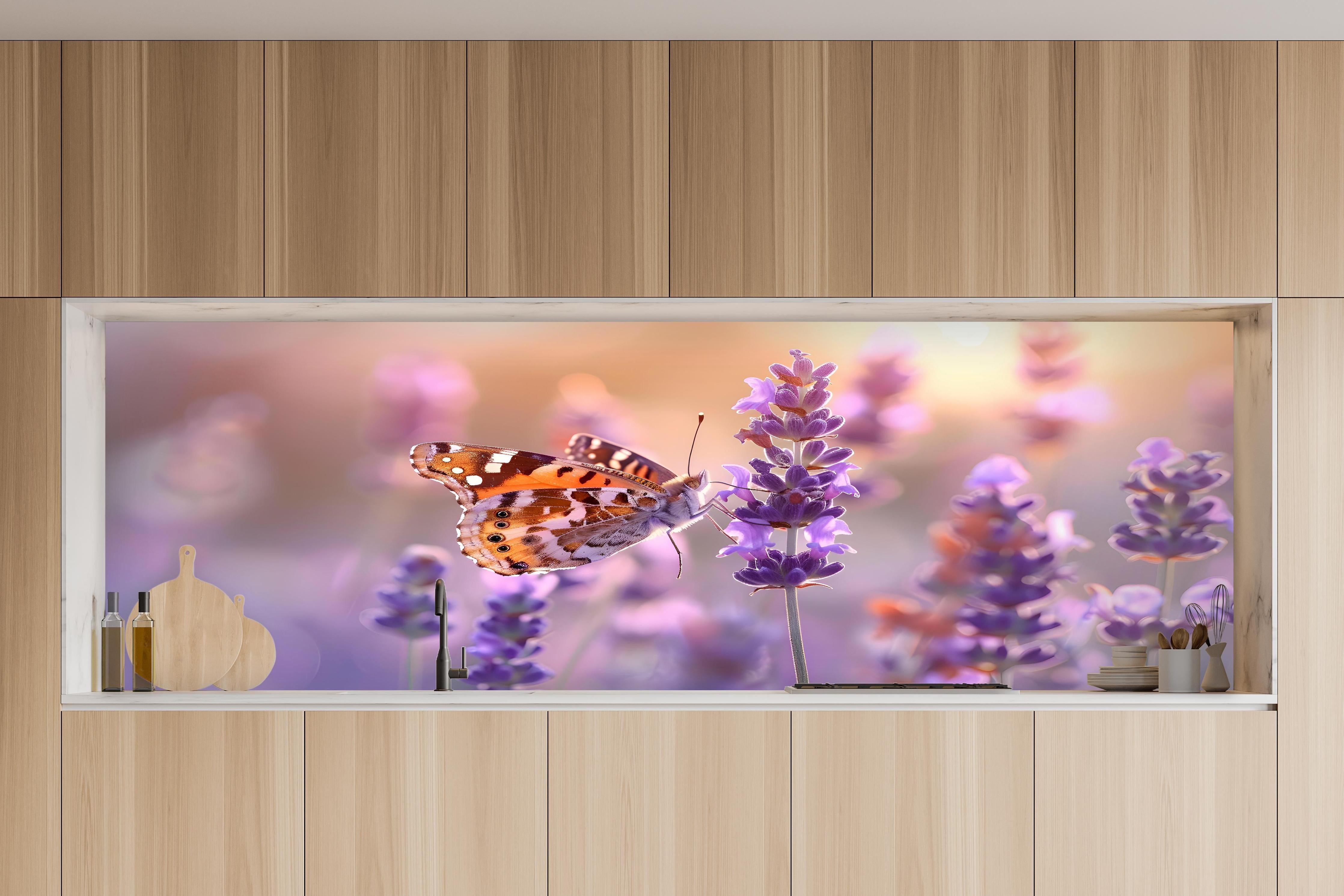 Küche - Lavendel-Schmetterling in Pastell in charakteristischer Vollholz-Küche mit modernem Gasherd