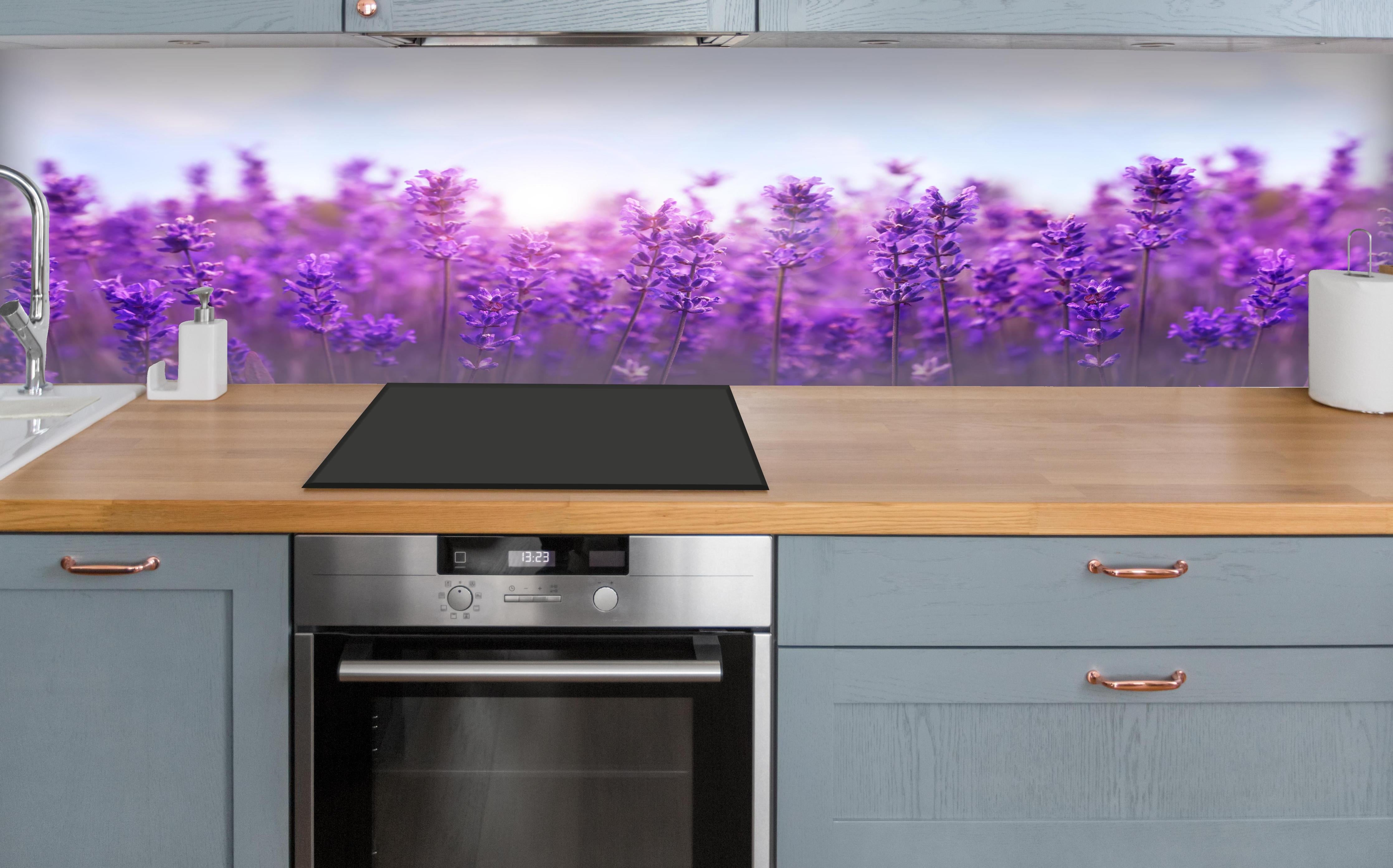 Küche - Lavendelfeld in Lila über polierter Holzarbeitsplatte mit Cerankochfeld