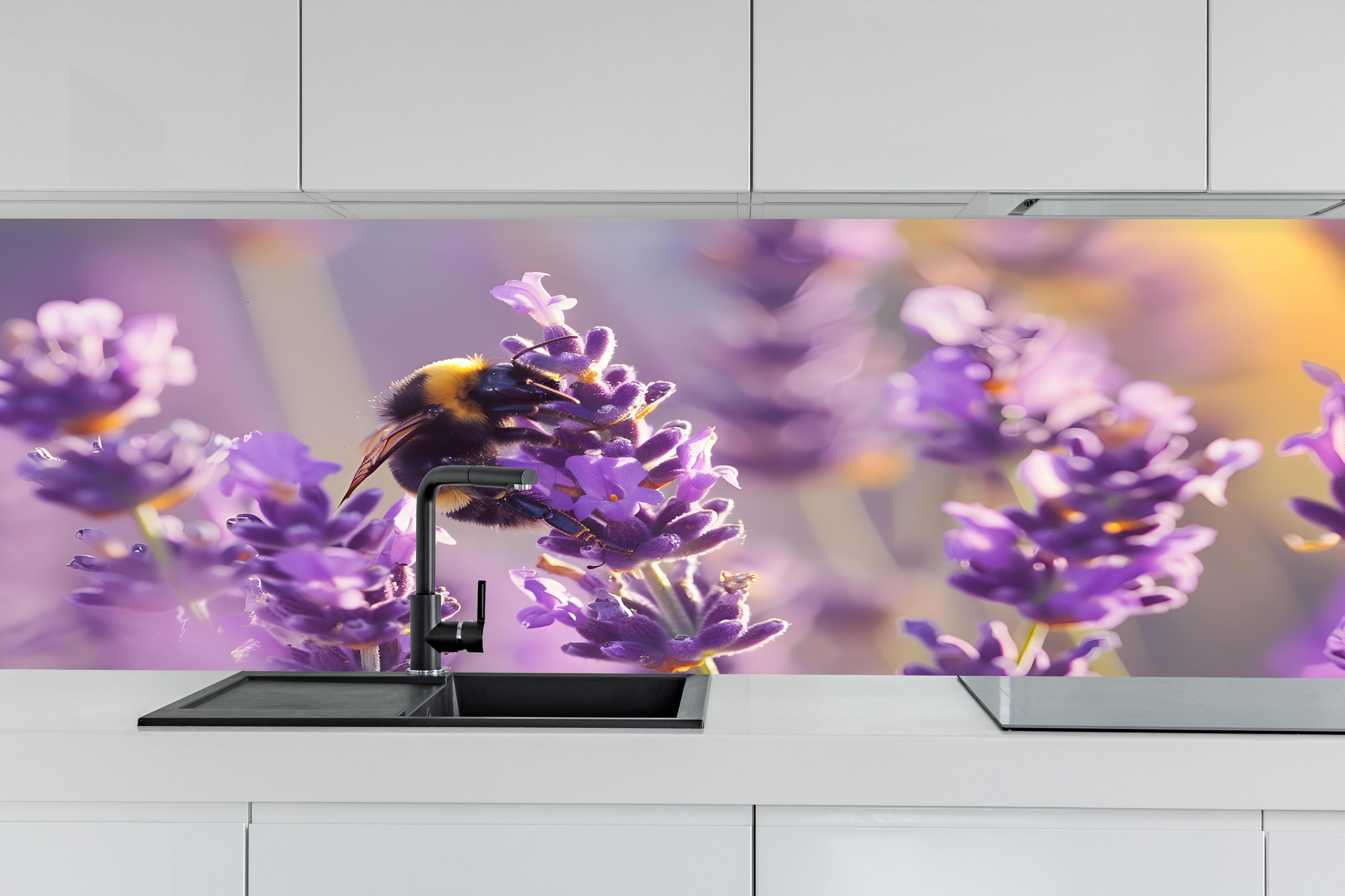 Küche - Lila Lavendel mit Hummel hinter weißen Hochglanz-Küchenregalen und schwarzem Wasserhahn