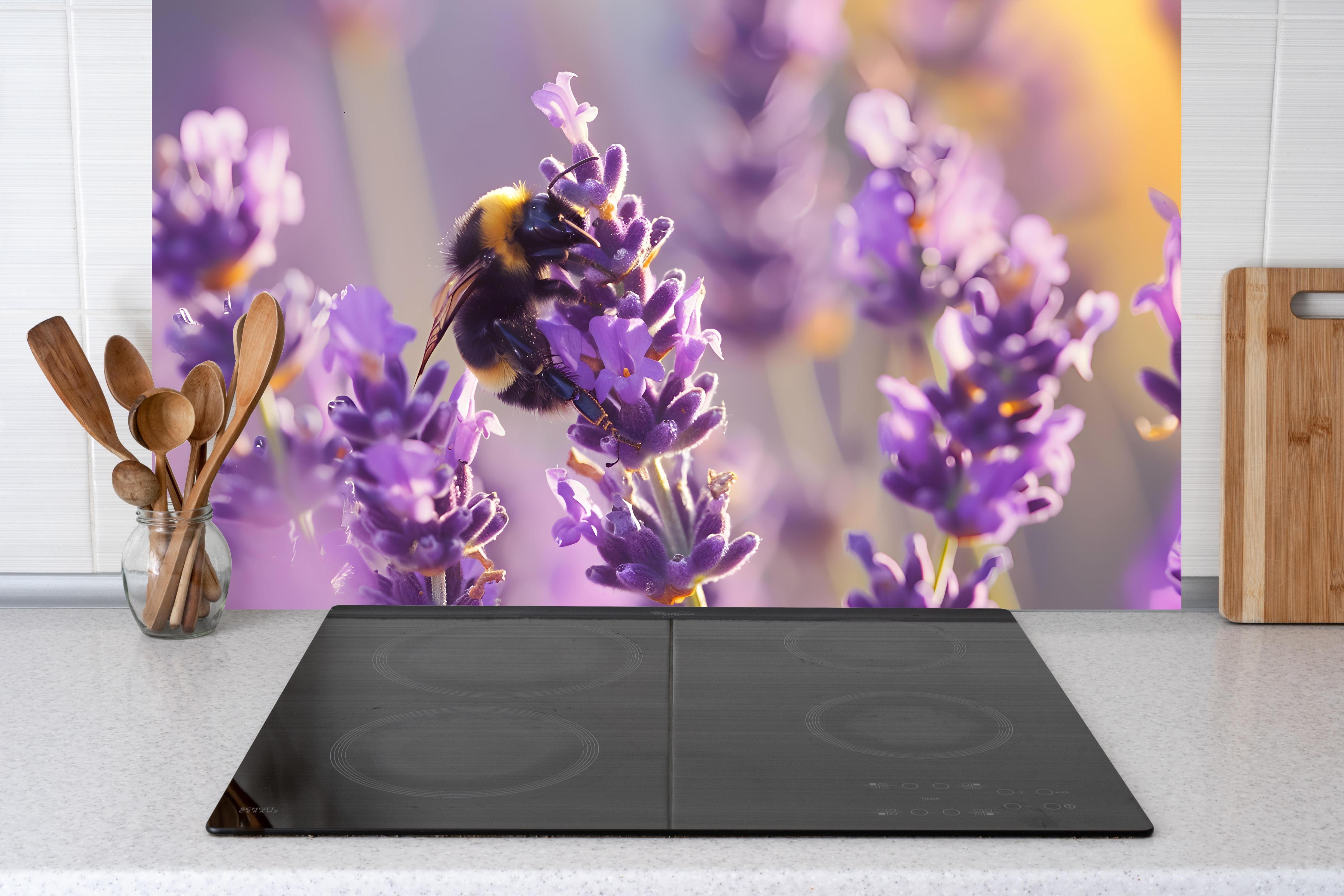 Küche - Lila Lavendel mit Hummel hinter Cerankochfeld und Holz-Kochutensilien