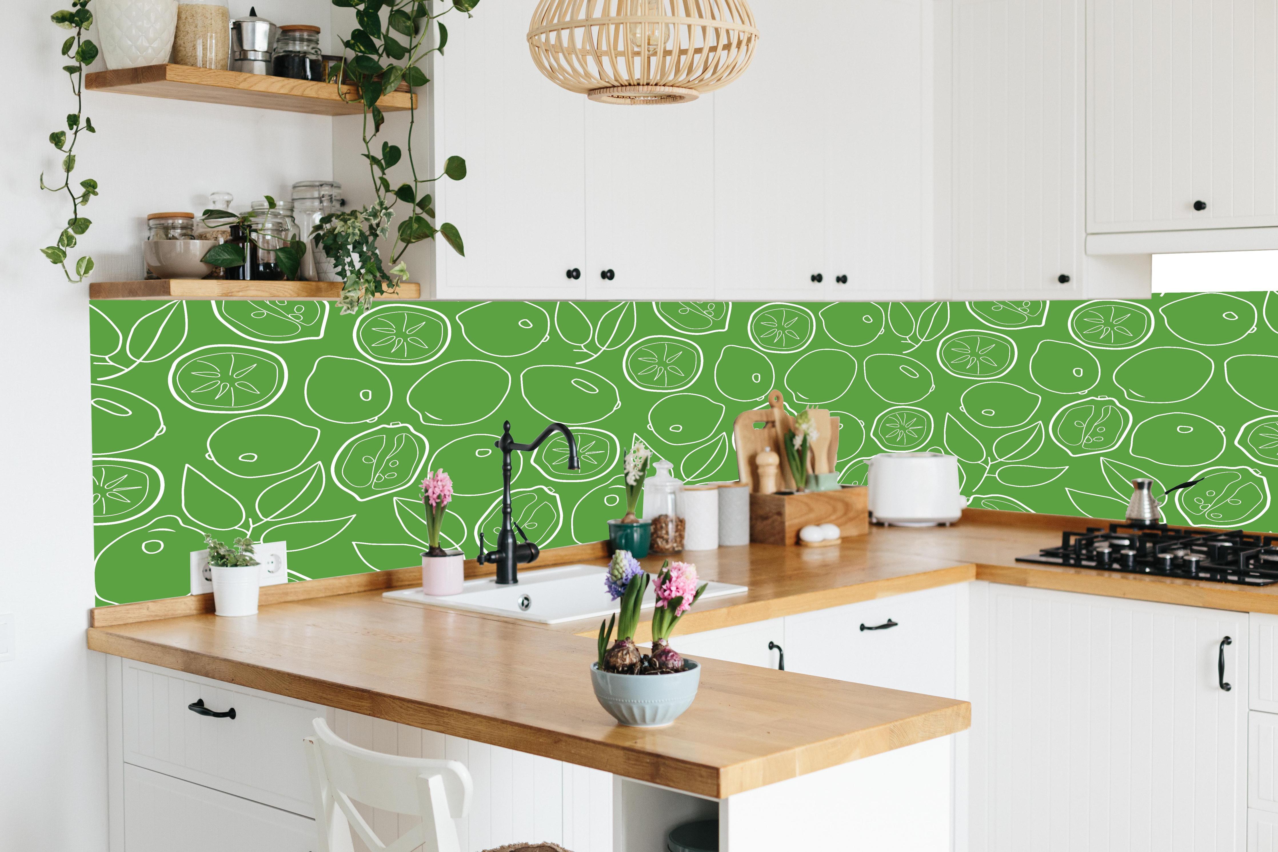 Küche - Limetten-Citrus Grünes Muster in lebendiger Küche mit bunten Blumen