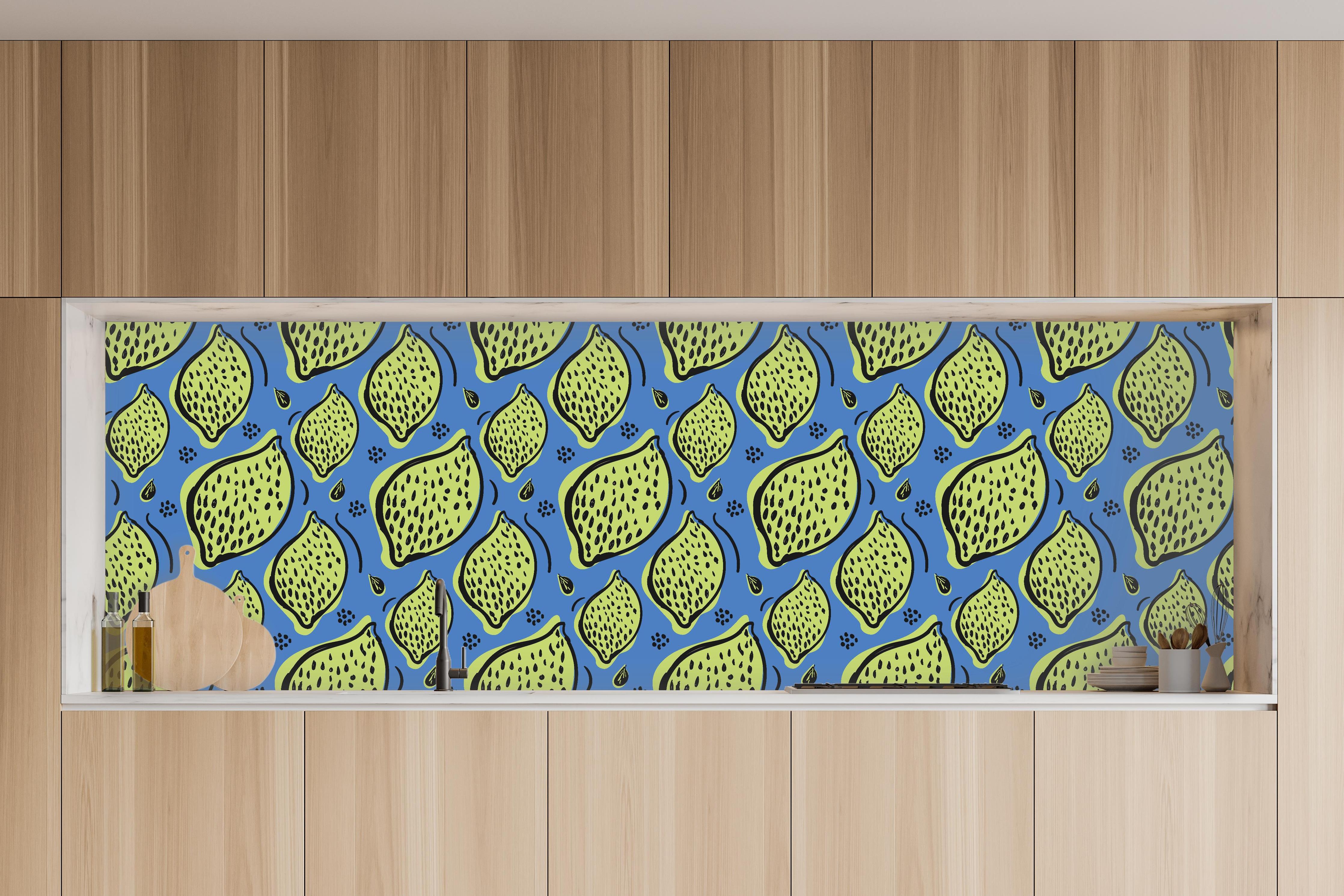 Küche - Limetten-Muster Blau-Grün in charakteristischer Vollholz-Küche mit modernem Gasherd