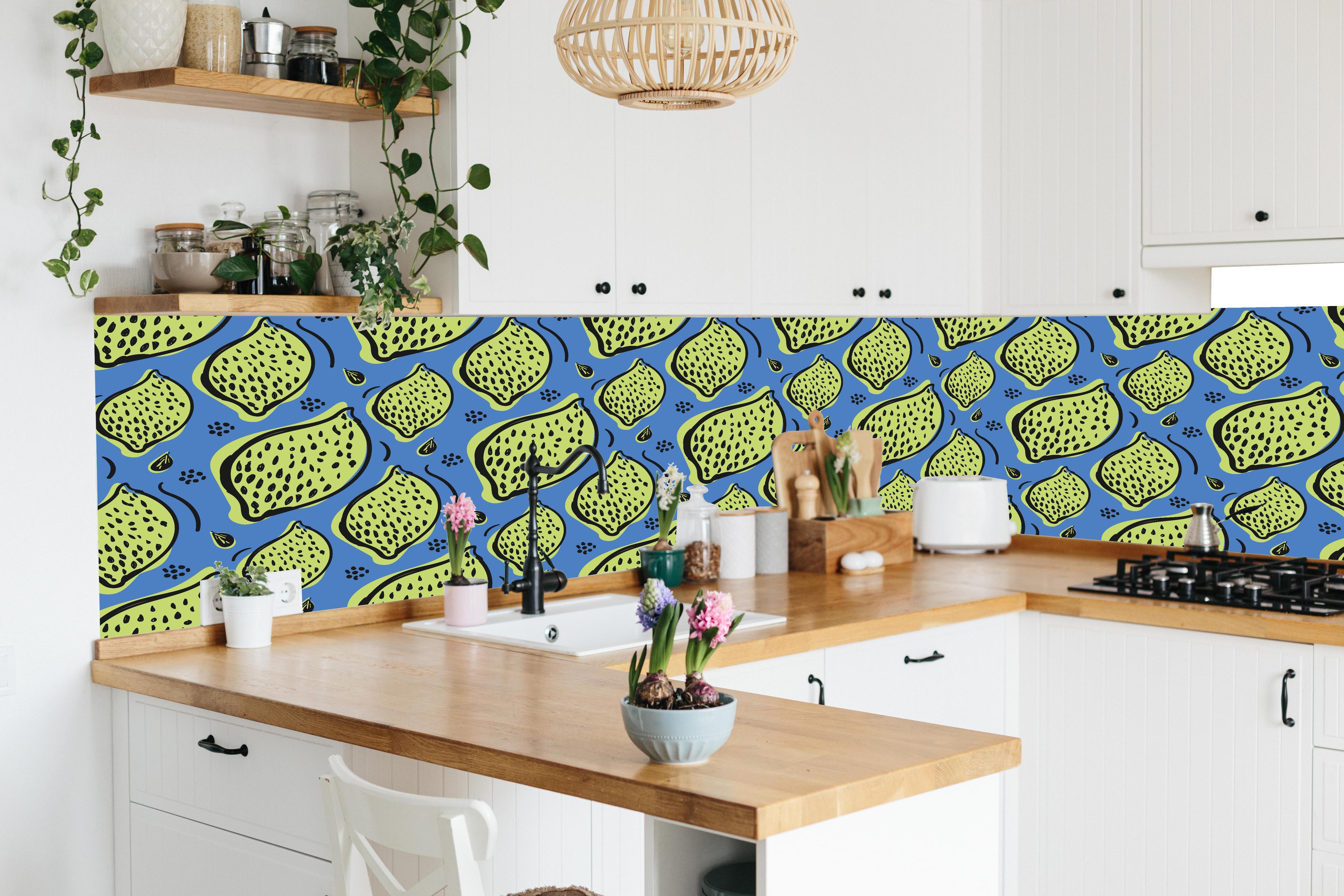 Küche - Limetten-Muster Blau-Grün in lebendiger Küche mit bunten Blumen
