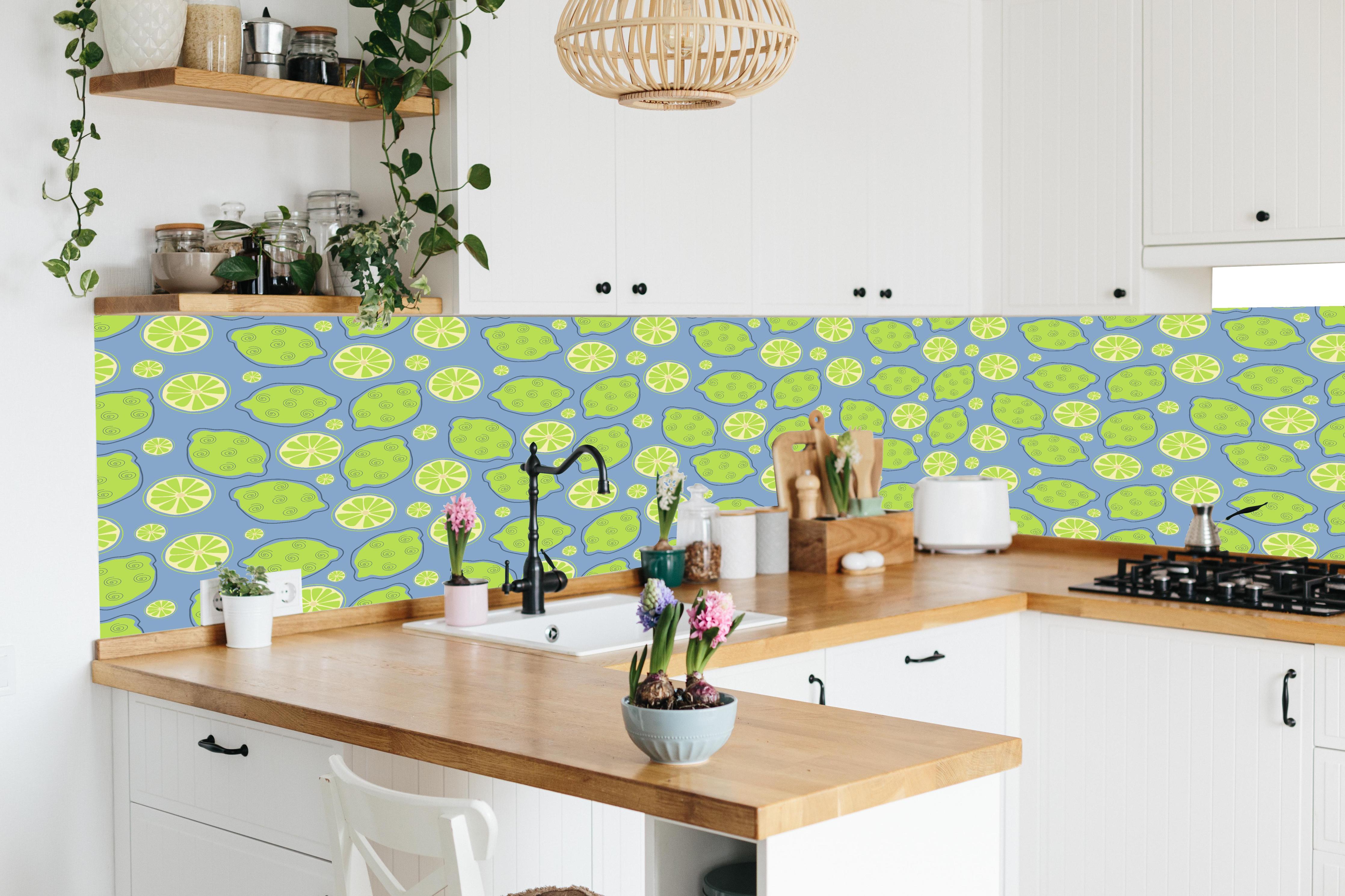 Küche - Limetten-Muster Grün-Blau in lebendiger Küche mit bunten Blumen
