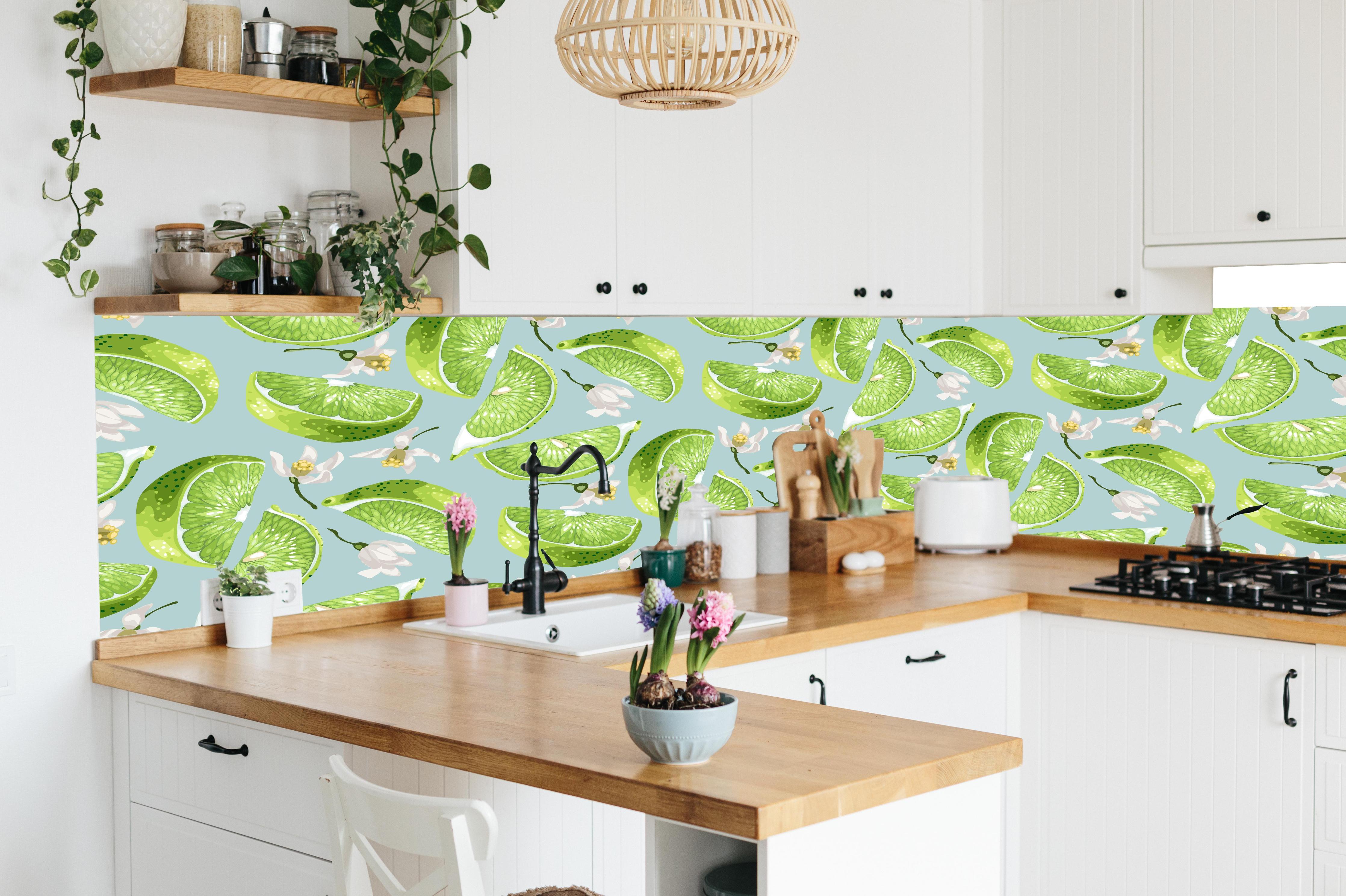 Küche - Limetten-Muster Grün-Türkis in lebendiger Küche mit bunten Blumen