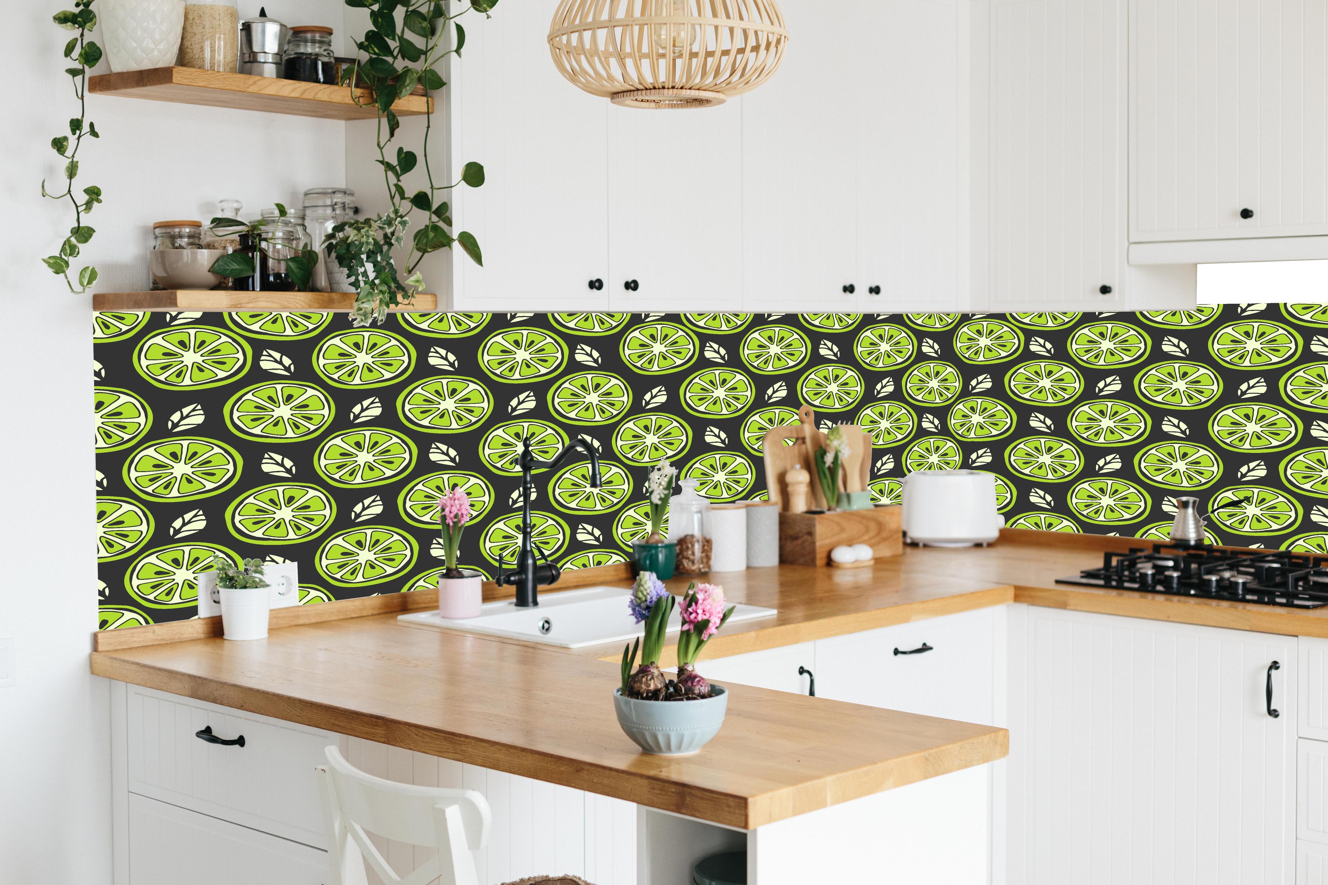 Küche - Limetten-Scheiben Citrus-Muster Grün in lebendiger Küche mit bunten Blumen