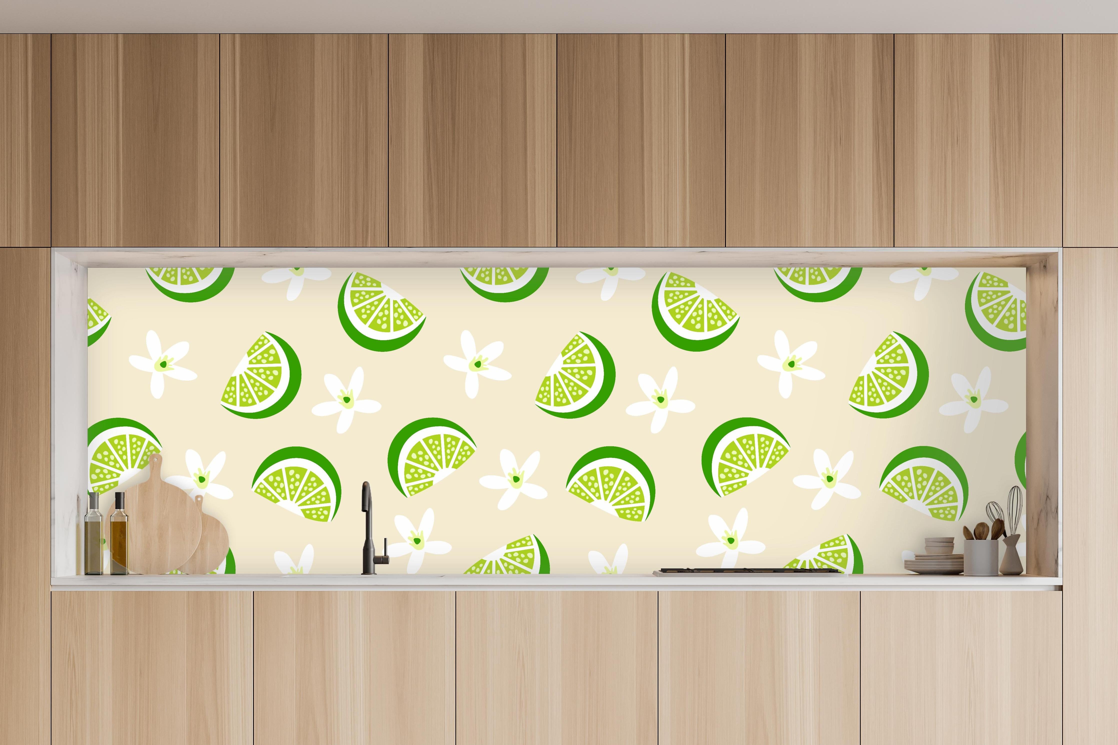 Küche - Limetten-Scheiben Muster Beige-Grün in charakteristischer Vollholz-Küche mit modernem Gasherd